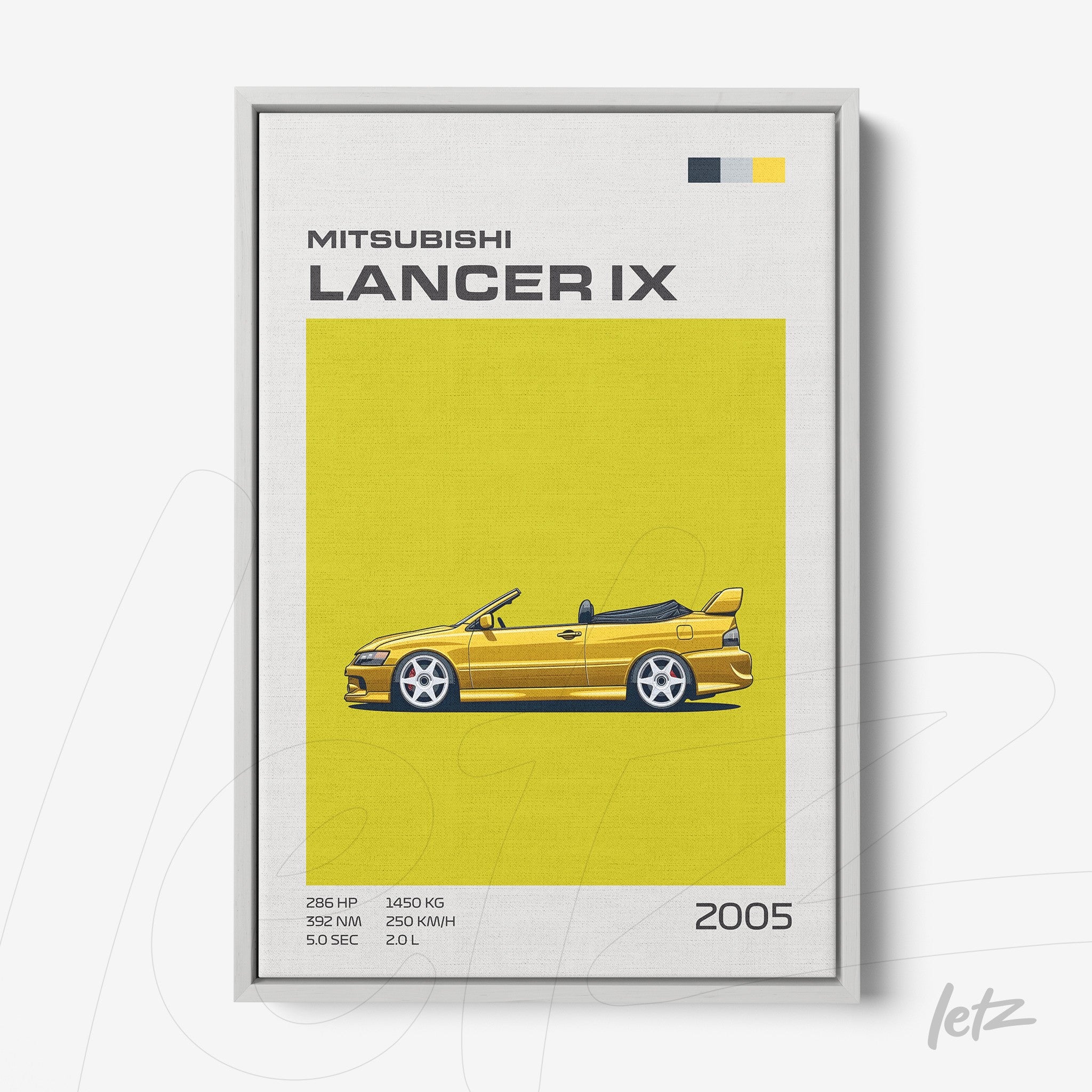 framed minimalist art of 2005 Mitsubishi Lancer IX on vibrant yellow background with white frame