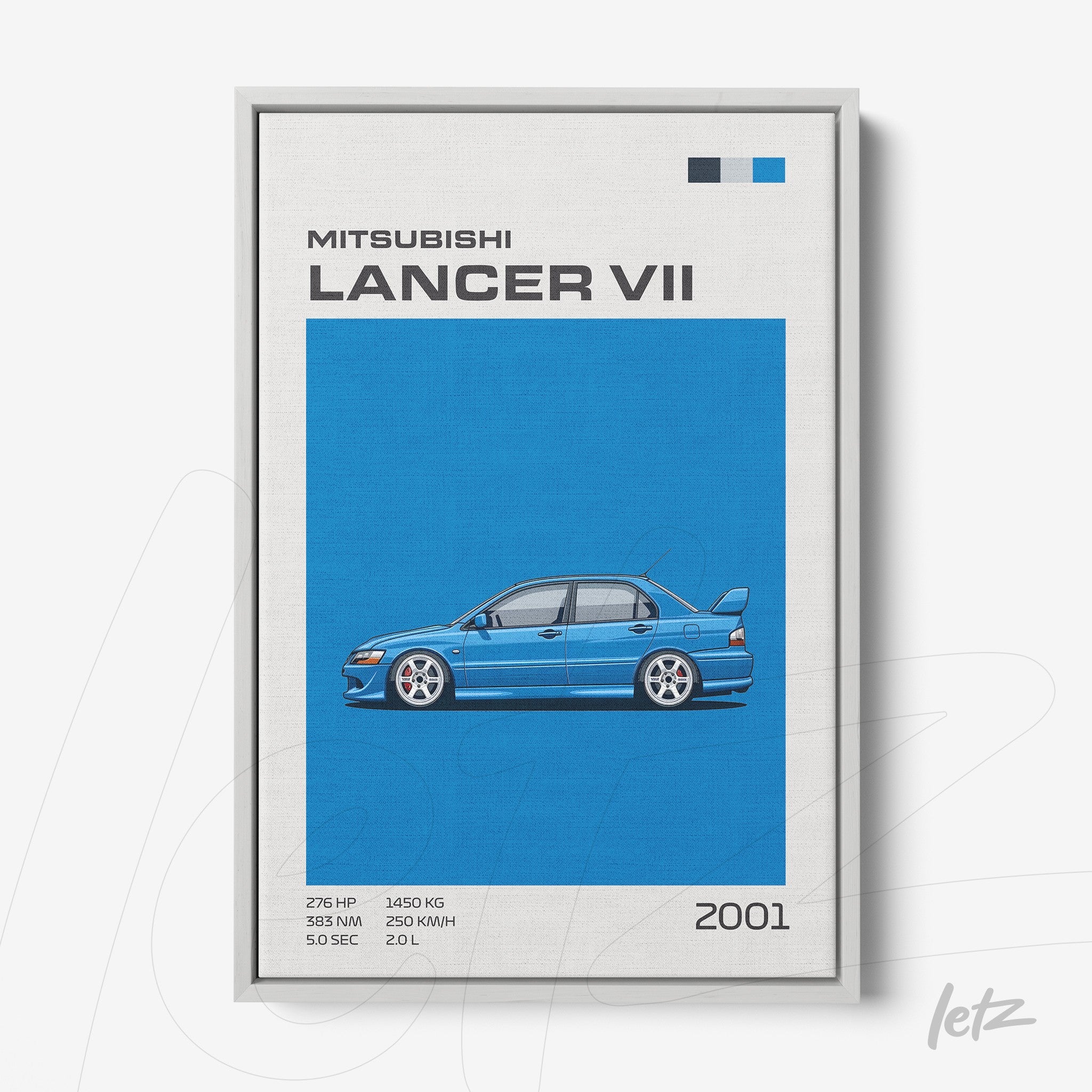 framed digital illustration of Mitsubishi Lancer VII on blue background with white frame