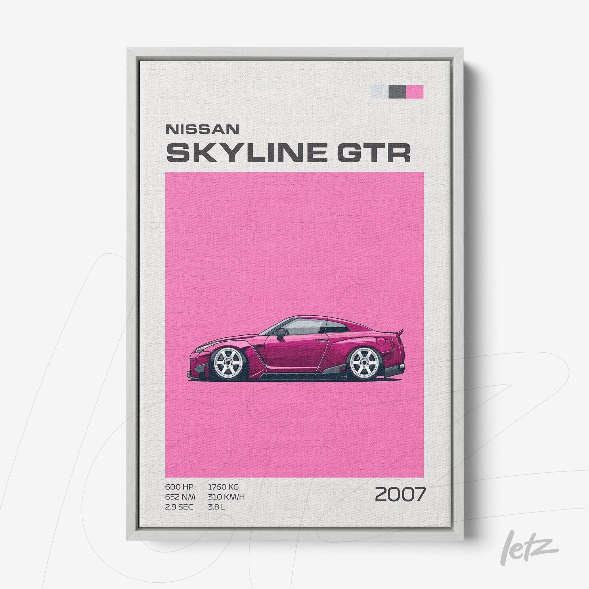 framed artwork of Nissan Skyline GTR in vibrant pink background with gray frame