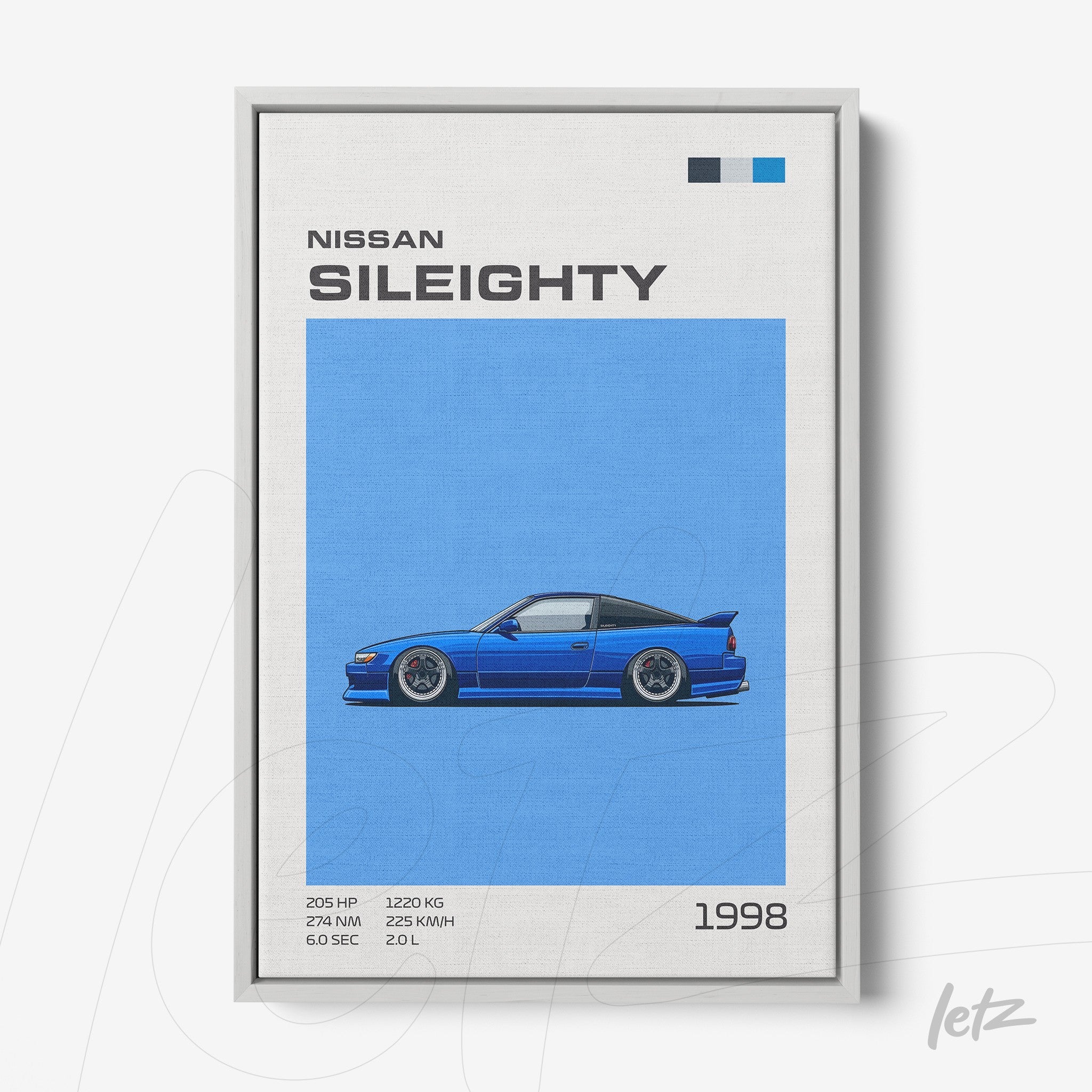 framed artwork of a Nissan Sil80 car in vibrant blue background with silver frame