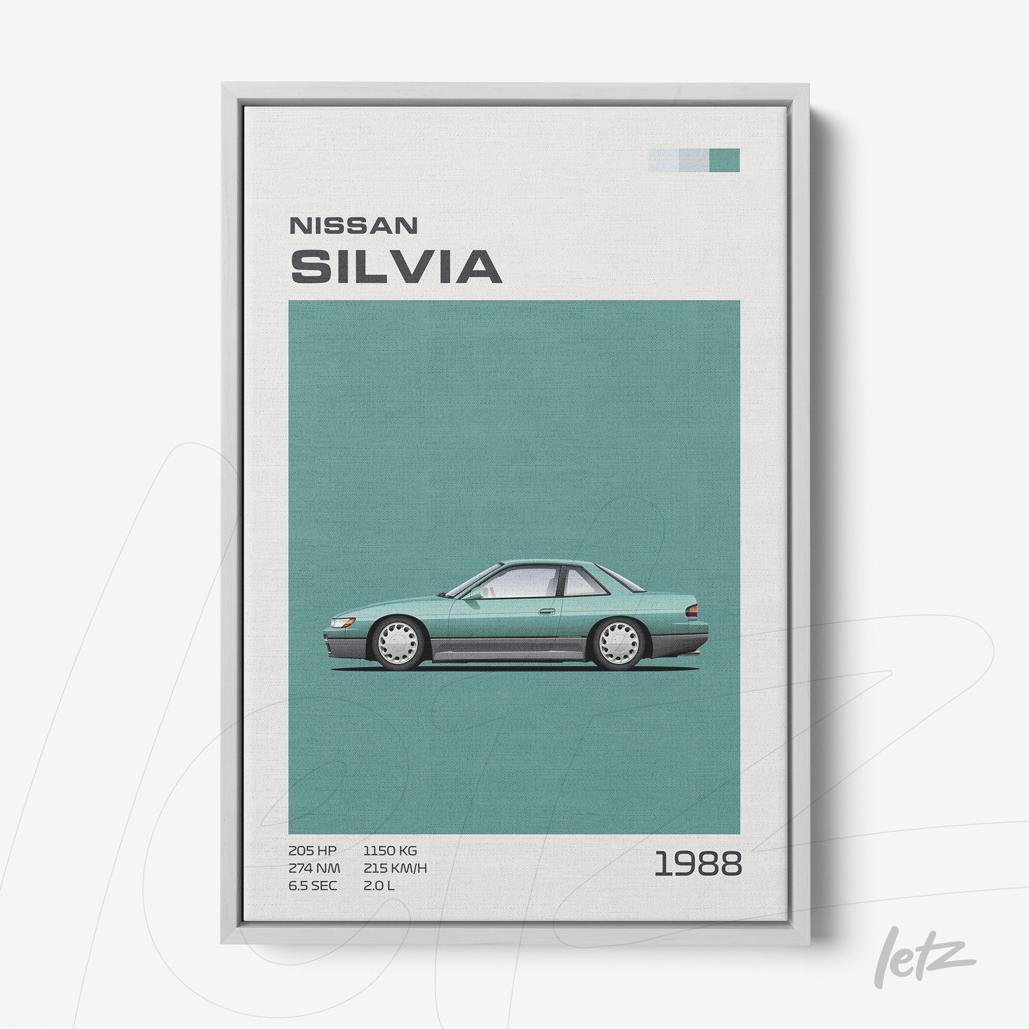 framed minimalist art of Nissan Silvia car with silver frame