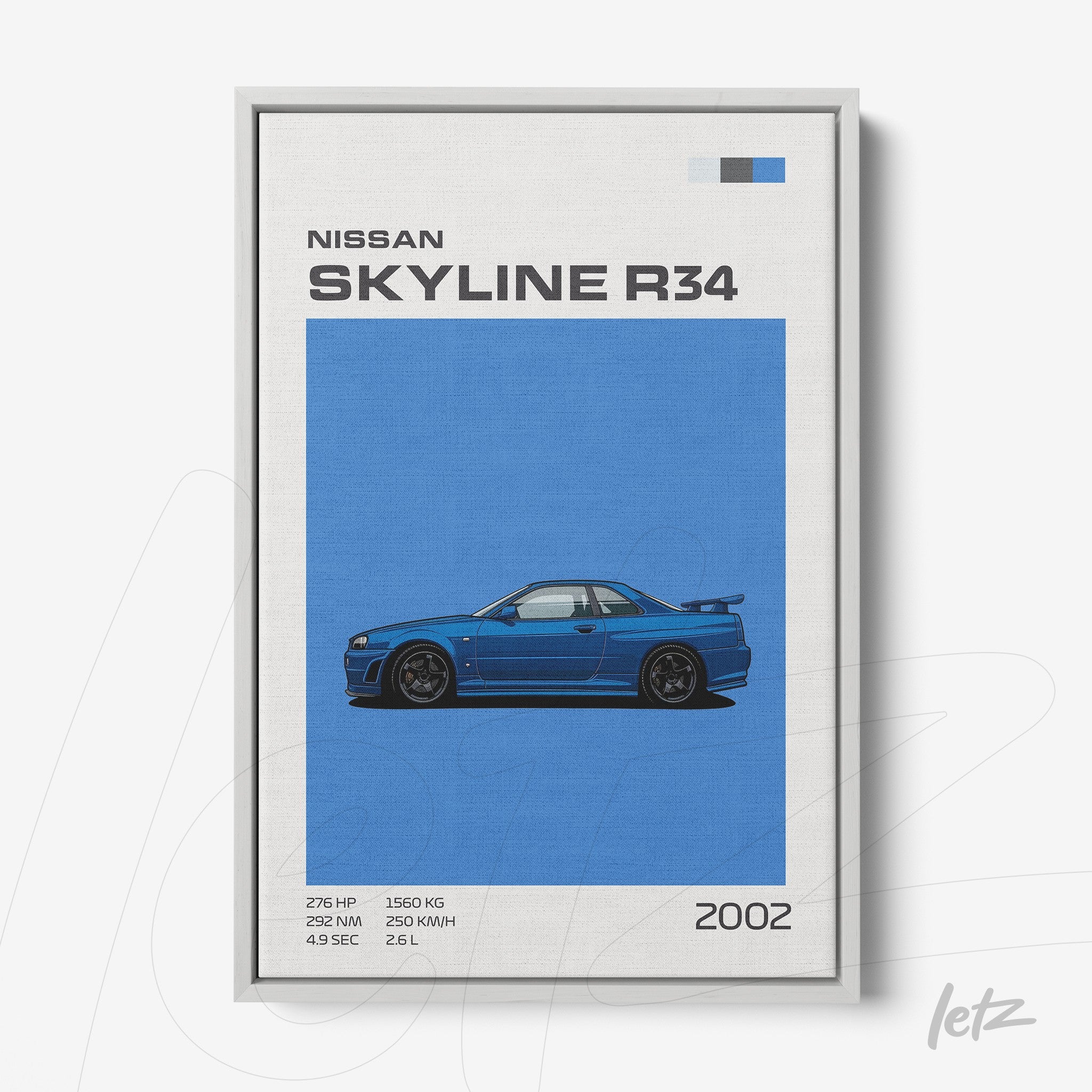 framed artwork featuring a stylized illustration of a Nissan Skyline R34 on a light background with car specifications details