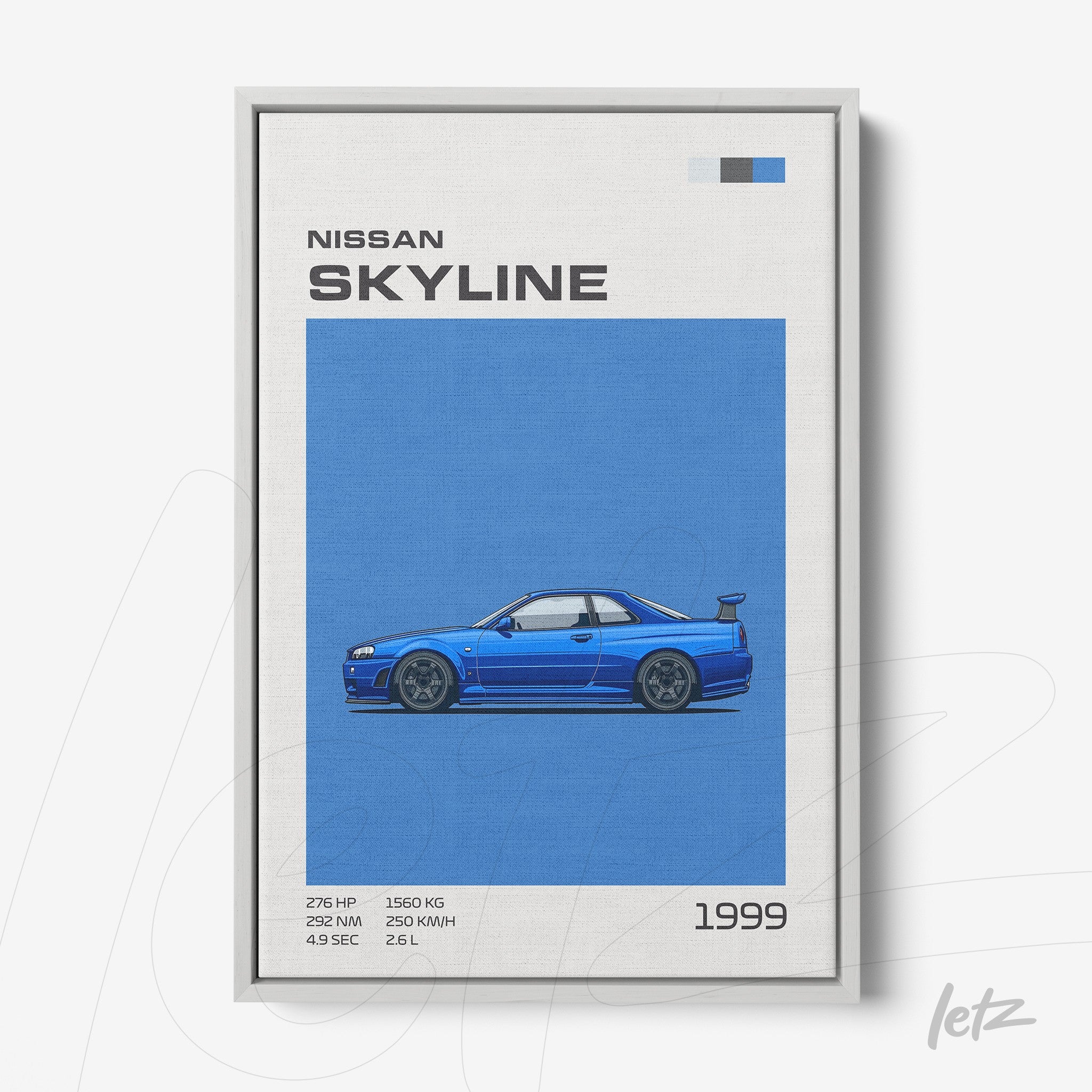 framed digital art of a 1999 Nissan Skyline with a vibrant blue background and light gray frame