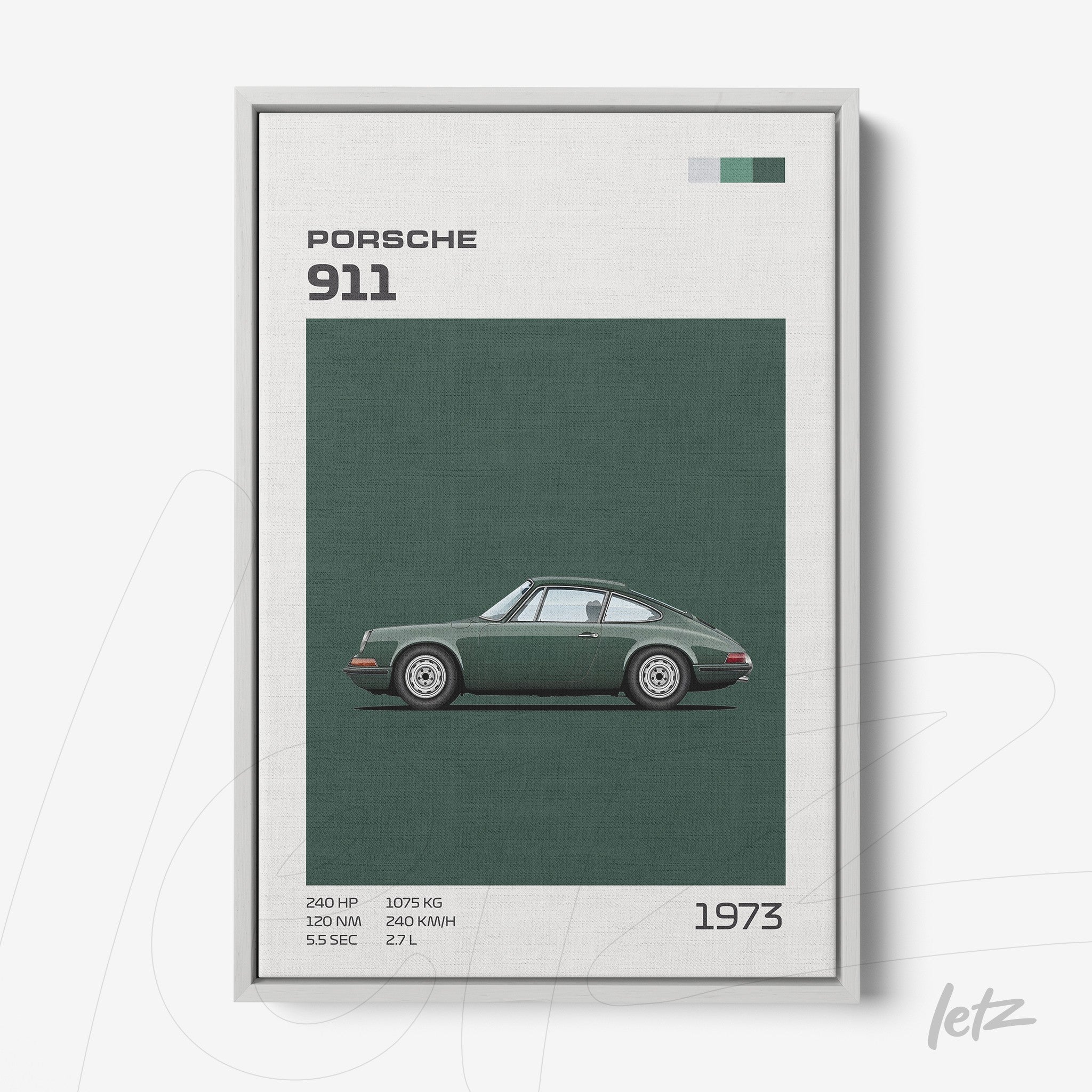 minimalist art print of a 1973 Porsche 911 in a silver frame