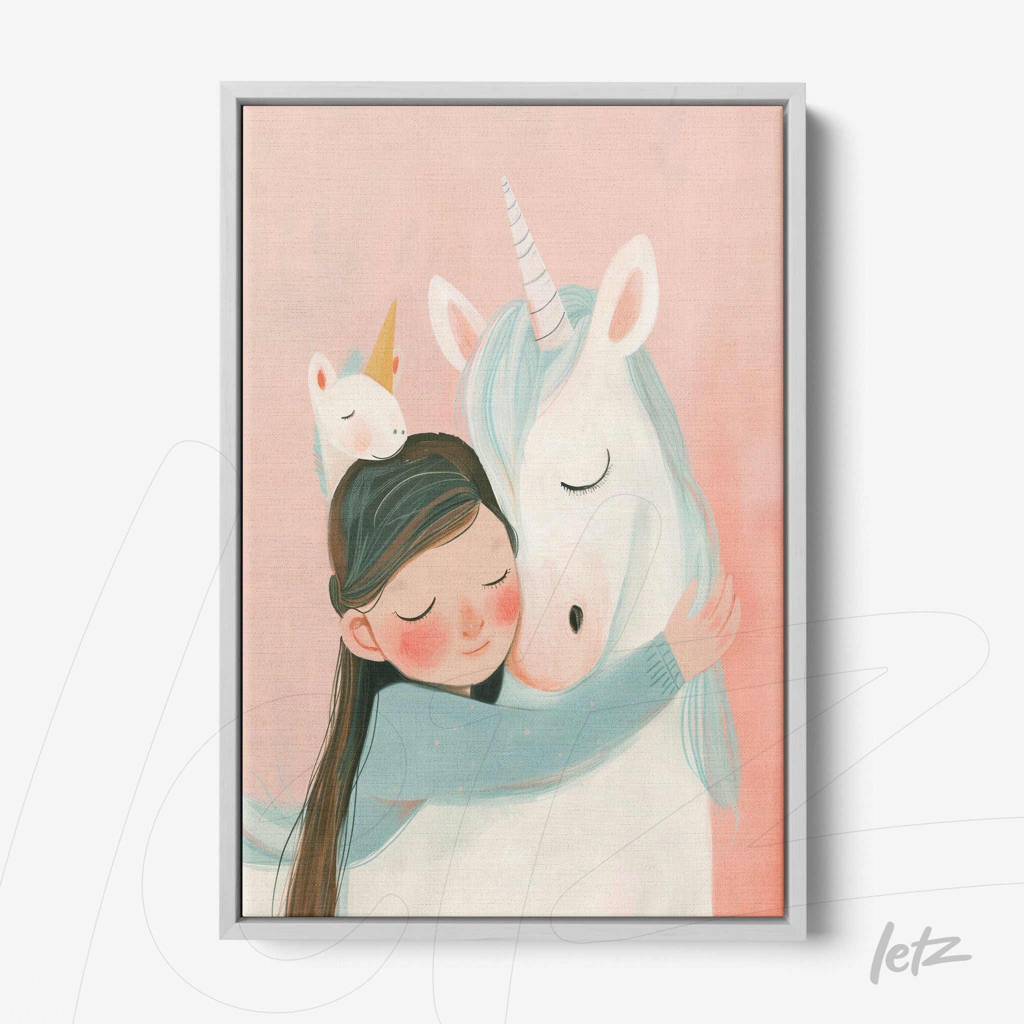 framed illustration of a girl hugging a unicorn with a light pink background and silver frame