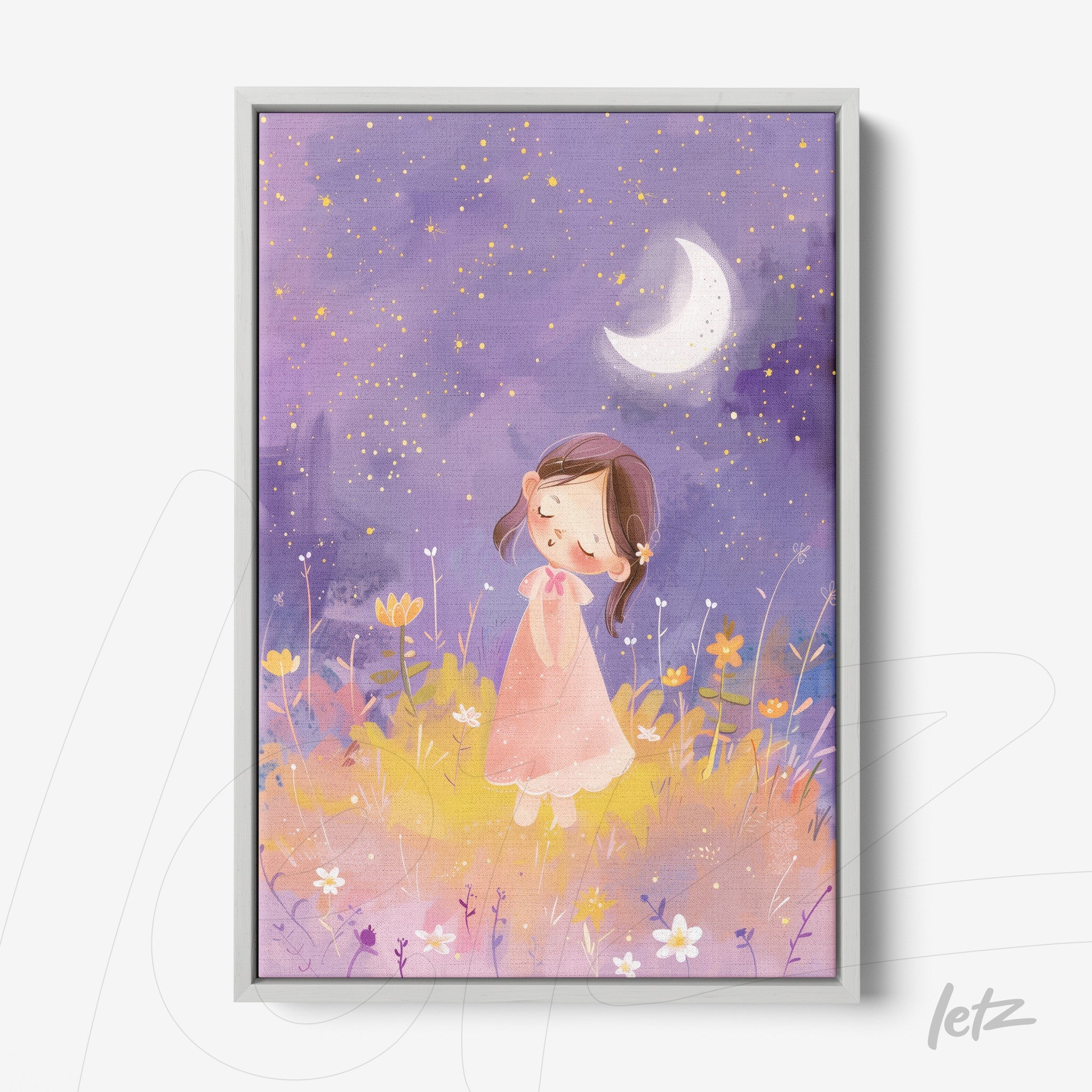 framed wall art featuring a sweet illustration of a girl in a pink dress under a purple sky filled with stars and a crescent moon