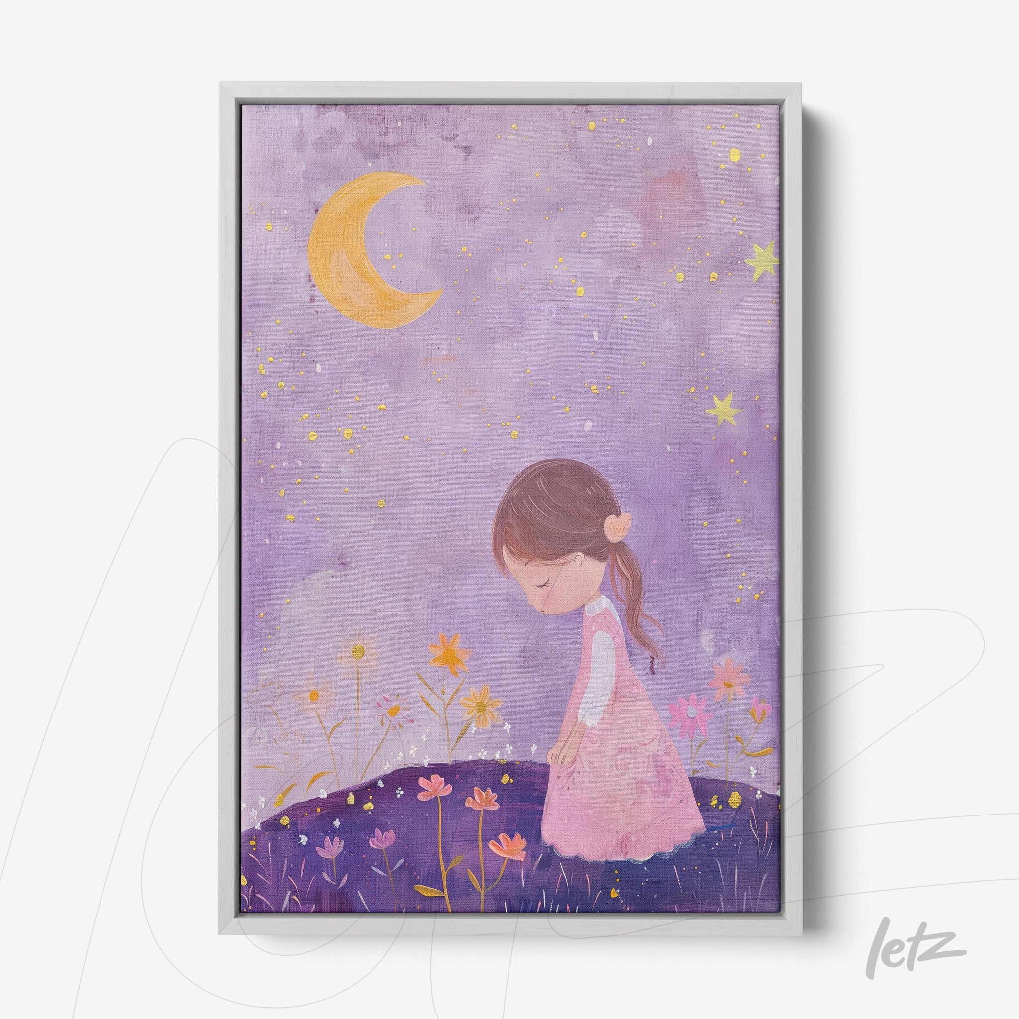 framed artwork of a girl in a pink dress against a purple background featuring a yellow moon and colorful flowers