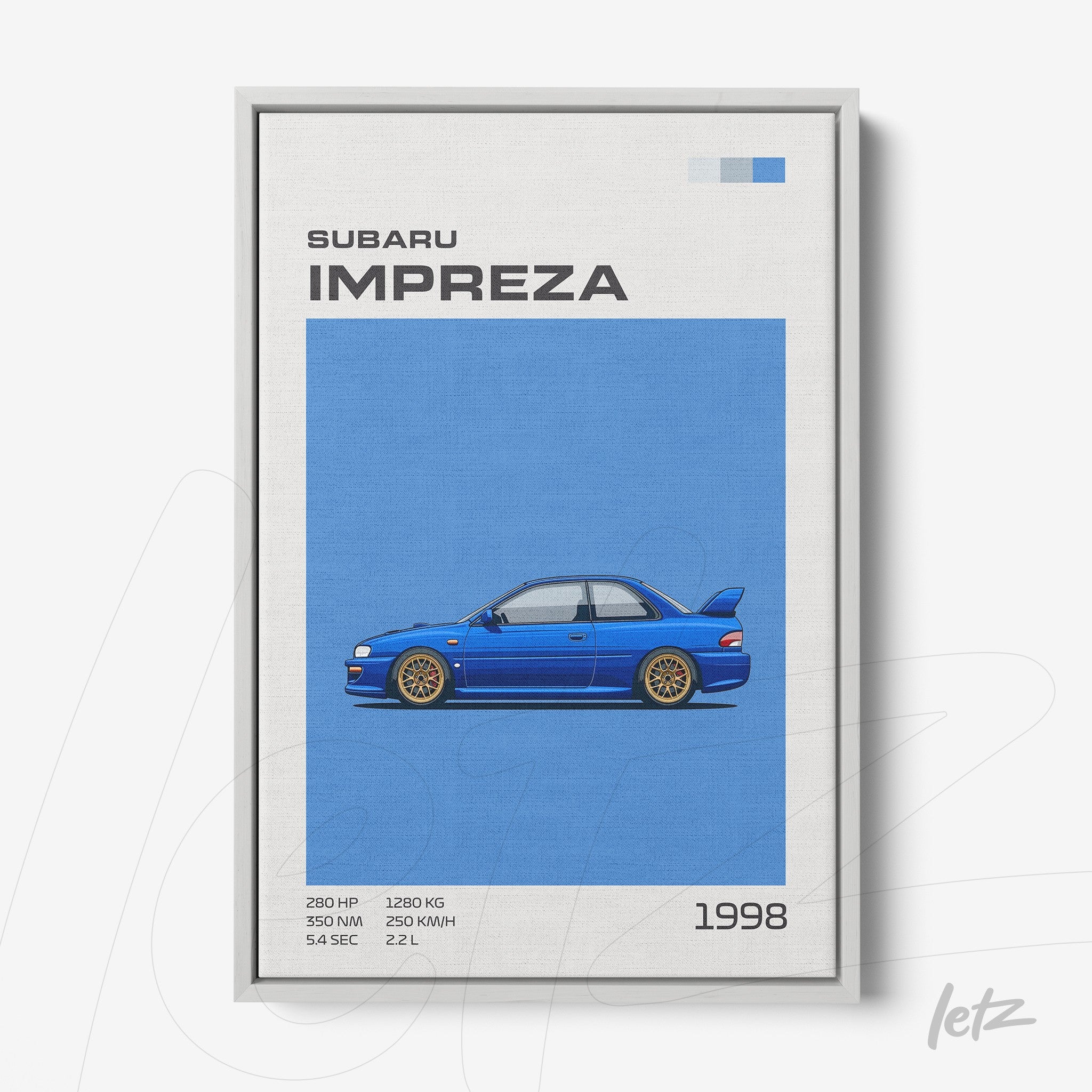framed wall art featuring a retro illustration of a 1998 Subaru Impreza on a light blue background with a white frame