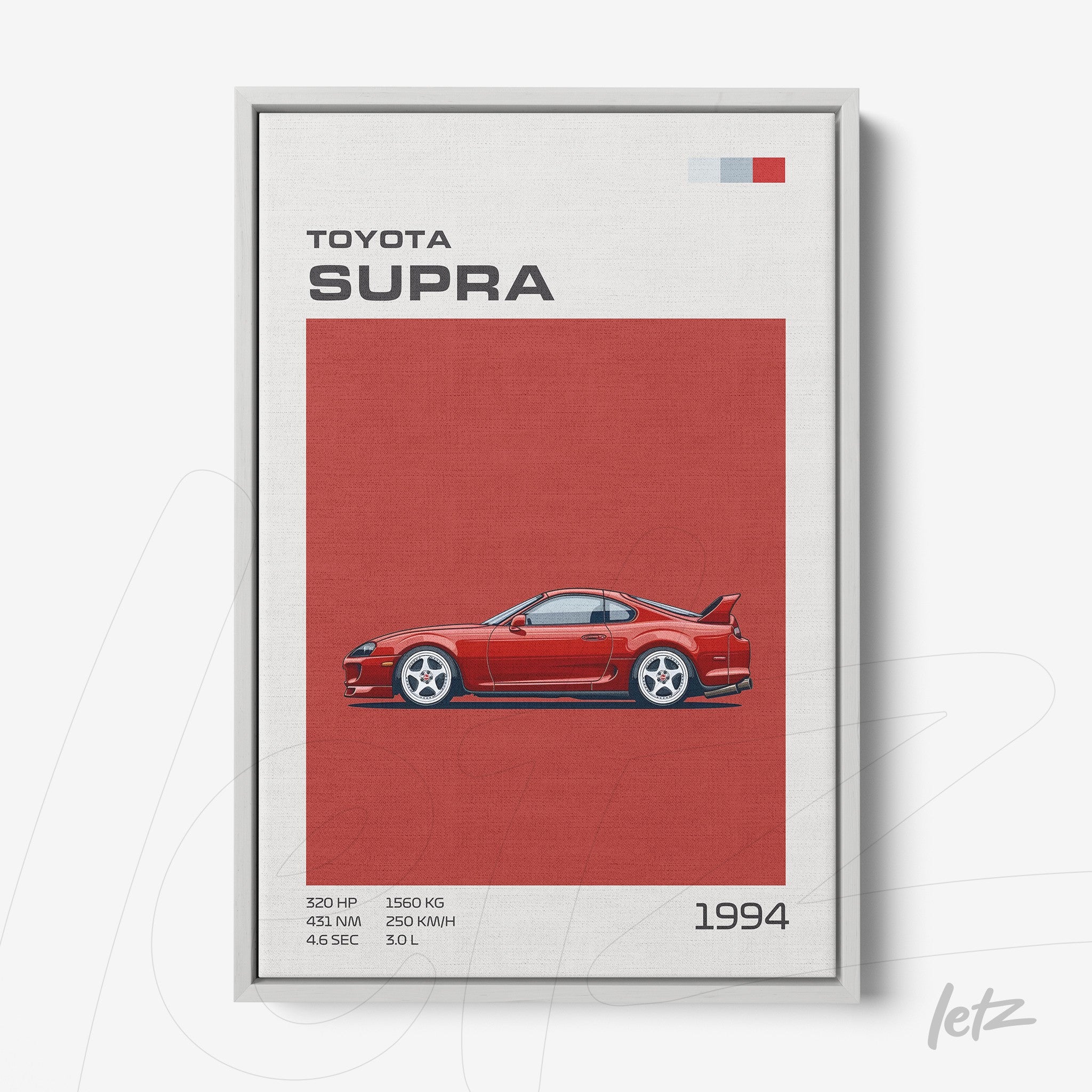 framed minimalist artwork of the Toyota Supra sports car in silver frame
