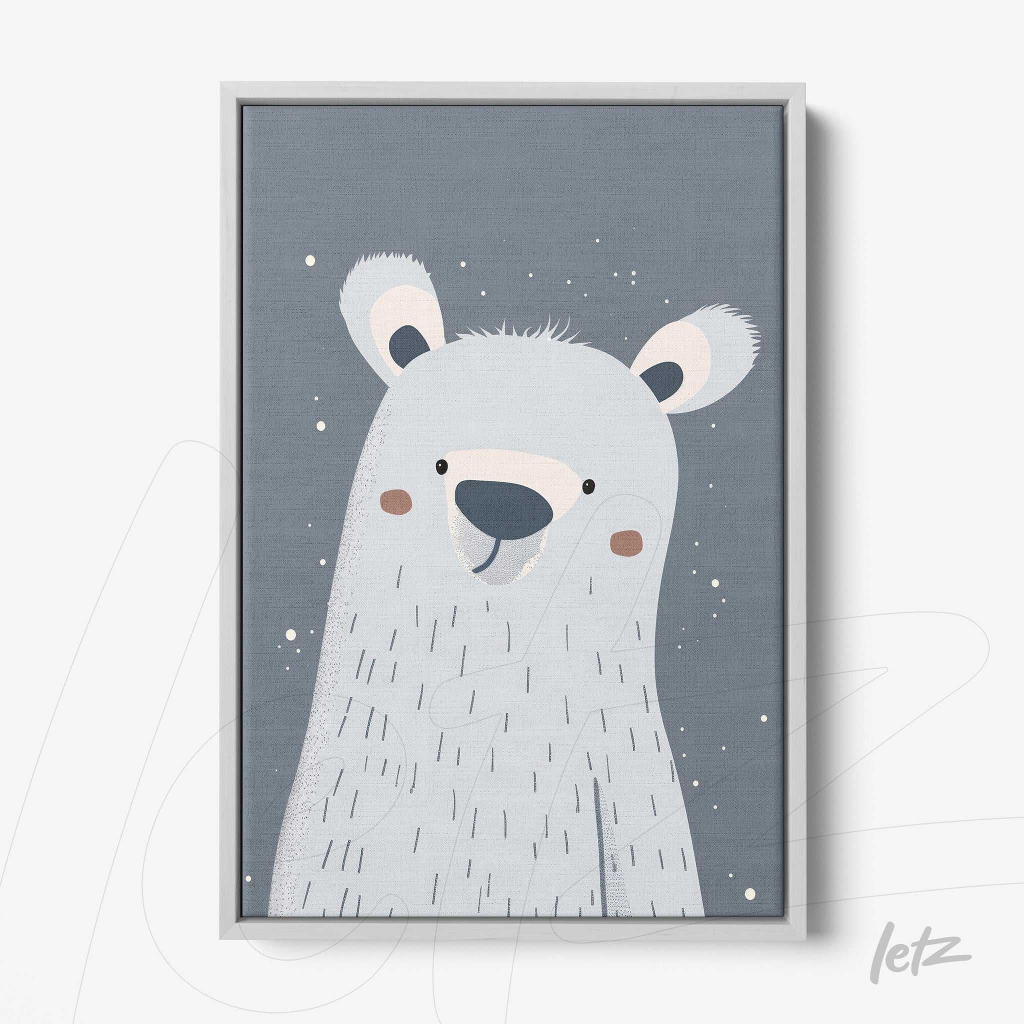 framed illustration of a polar bear on a gray-blue background with white frame