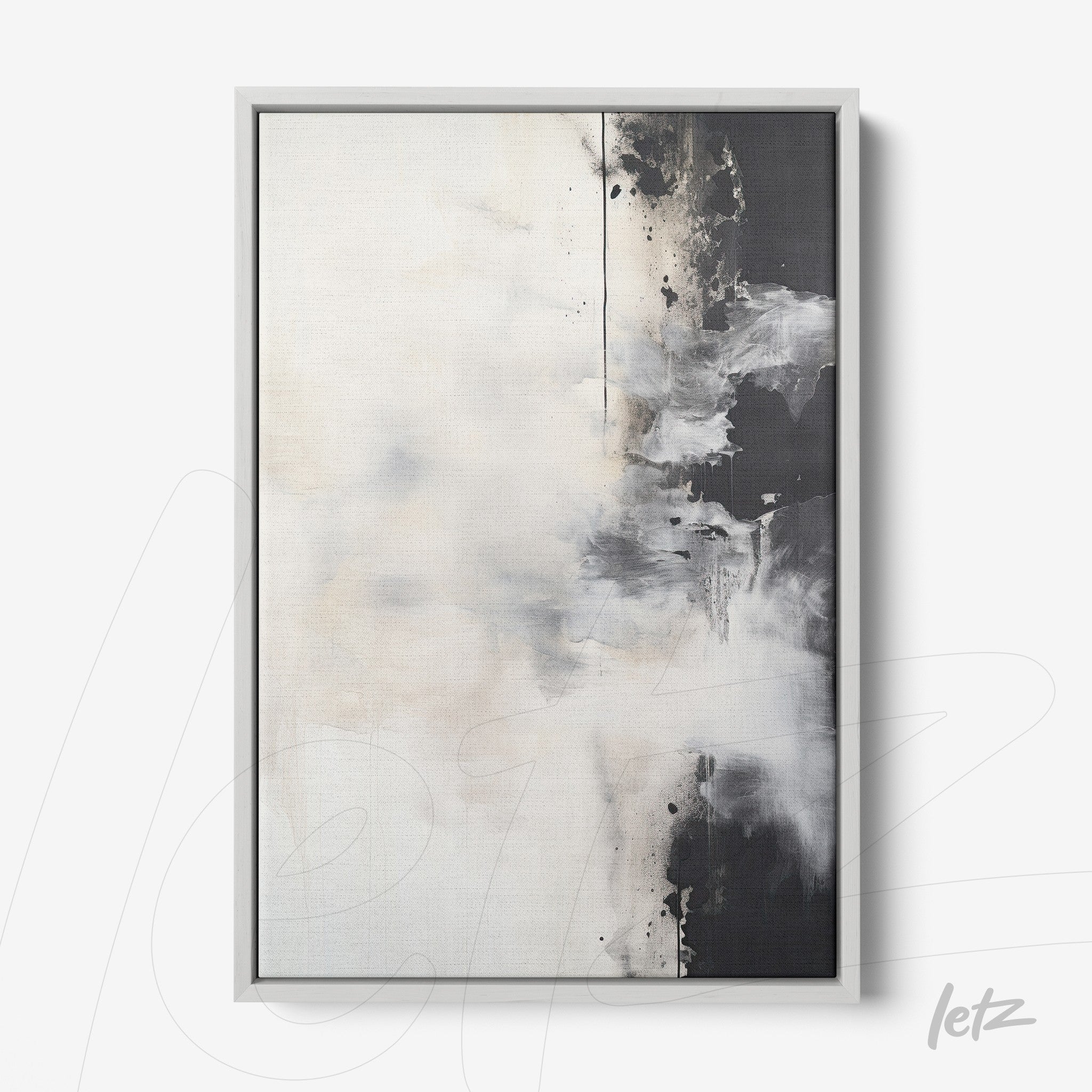 abstract artwork in neutral tones with dark strokes in light metal frame