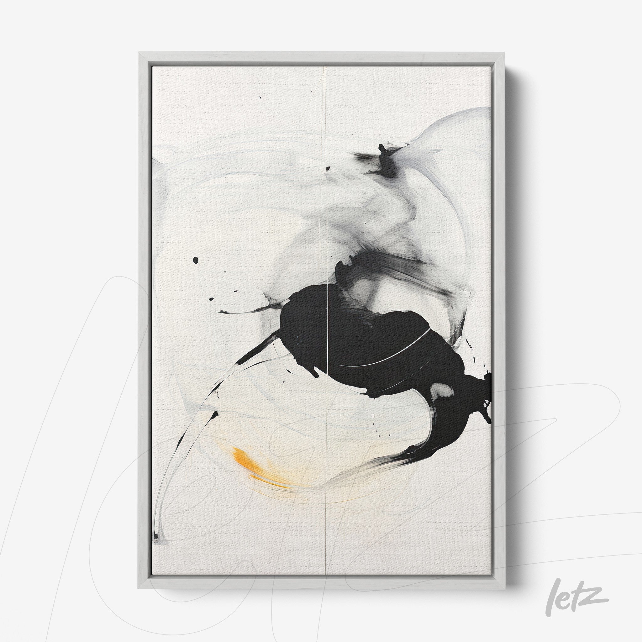 modern framed artwork featuring abstract painting in black and yellow tones