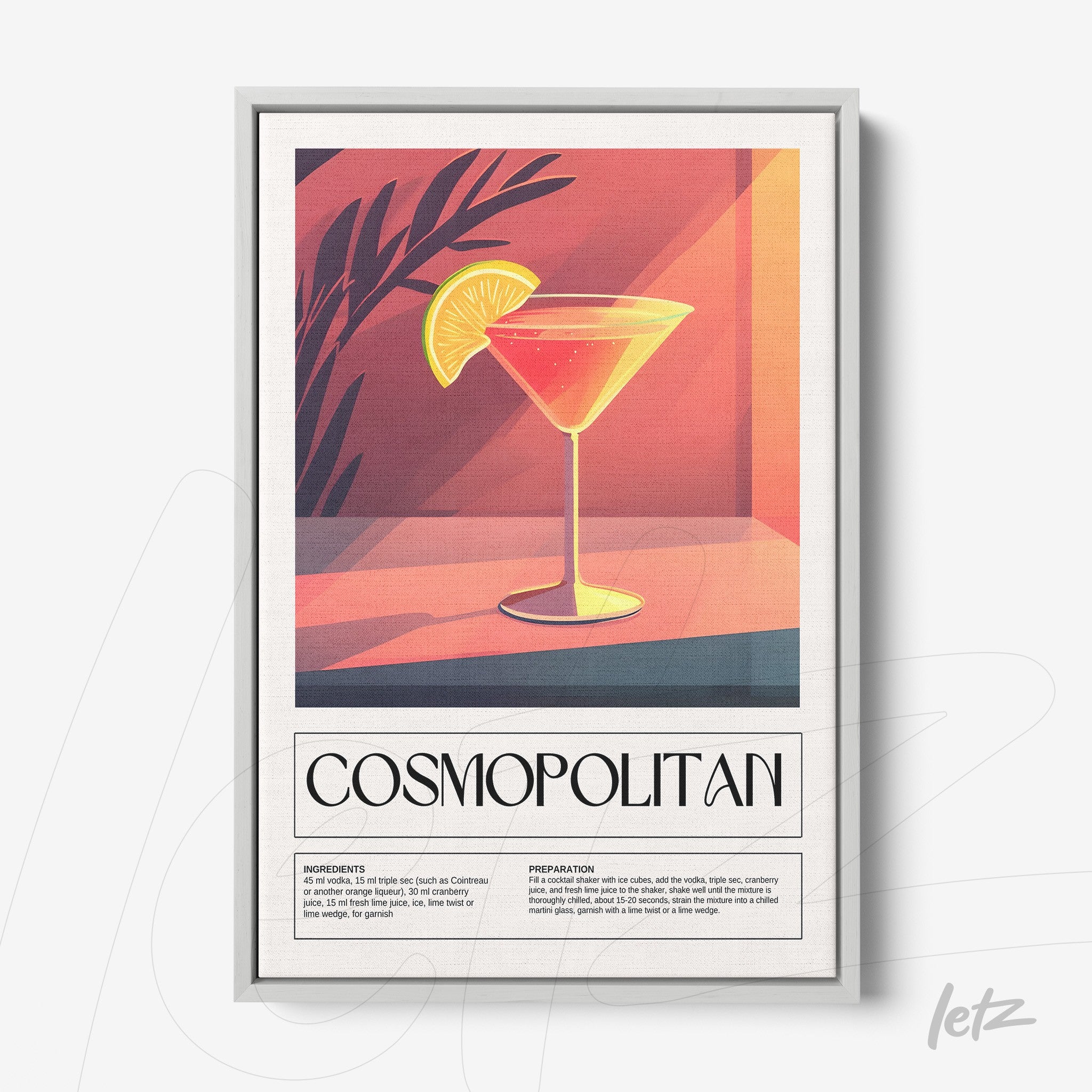 framed wall art featuring a digital illustration of a cosmopolitan cocktail with a light gray frame