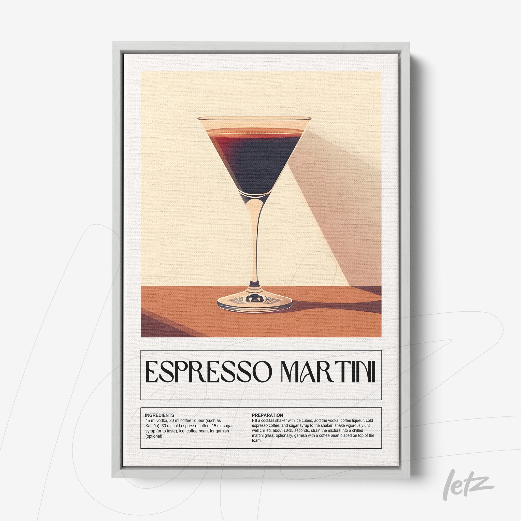 retro style framed art of espresso martini cocktail featuring a light frame