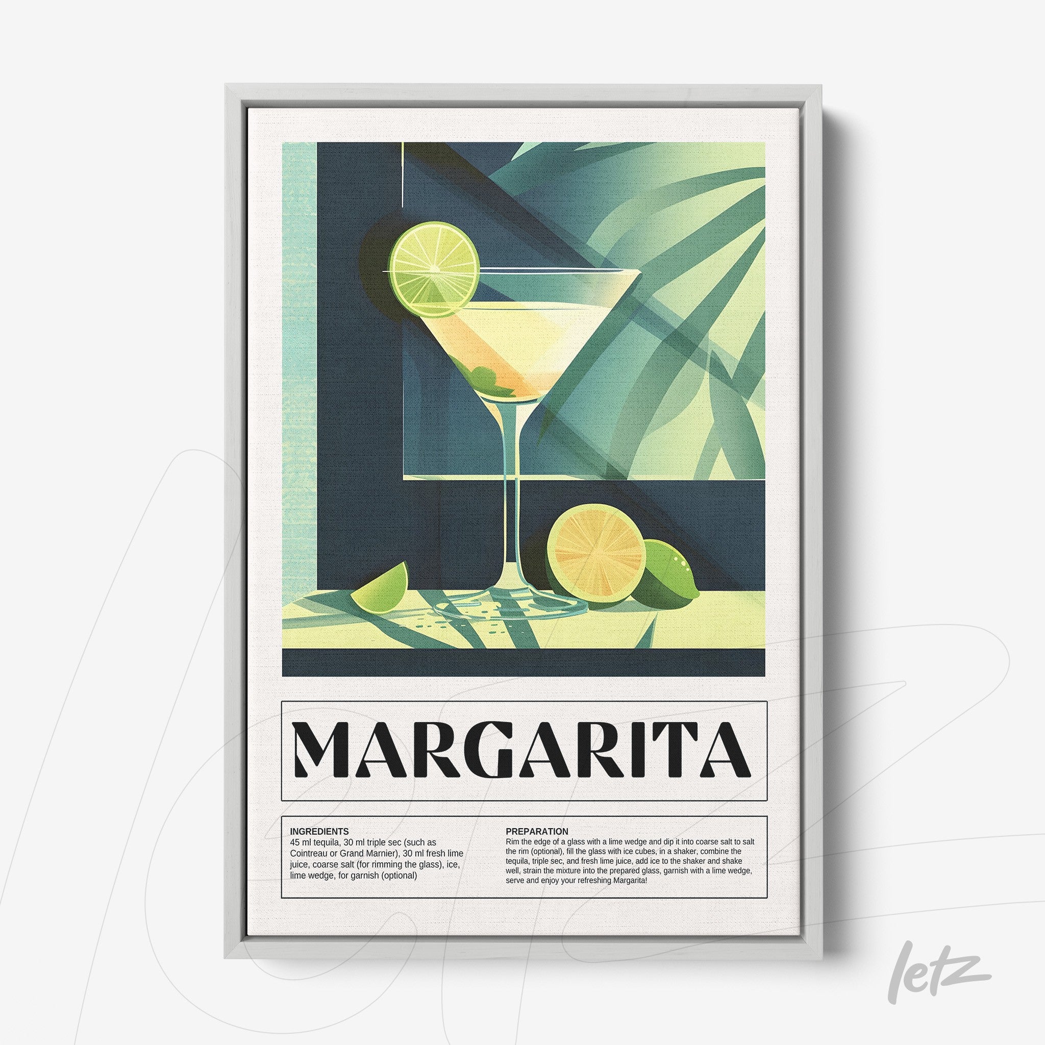 retro style framed art of margarita cocktail with lime and leaves in the background