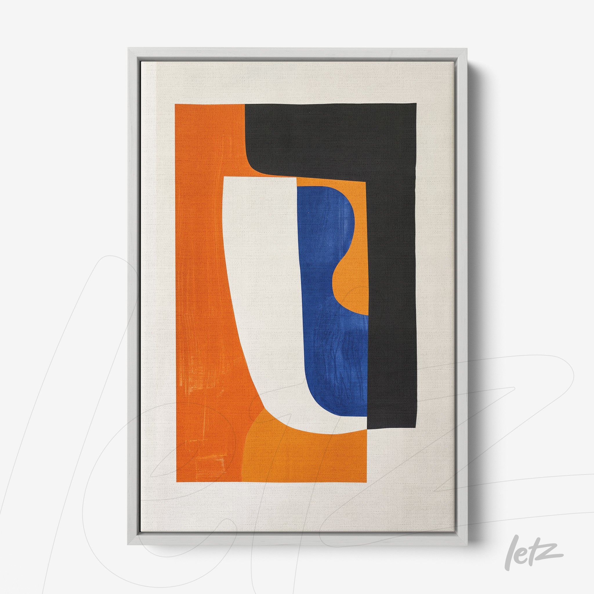 framed abstract art featuring vibrant orange, blue, and black shapes with a silver frame