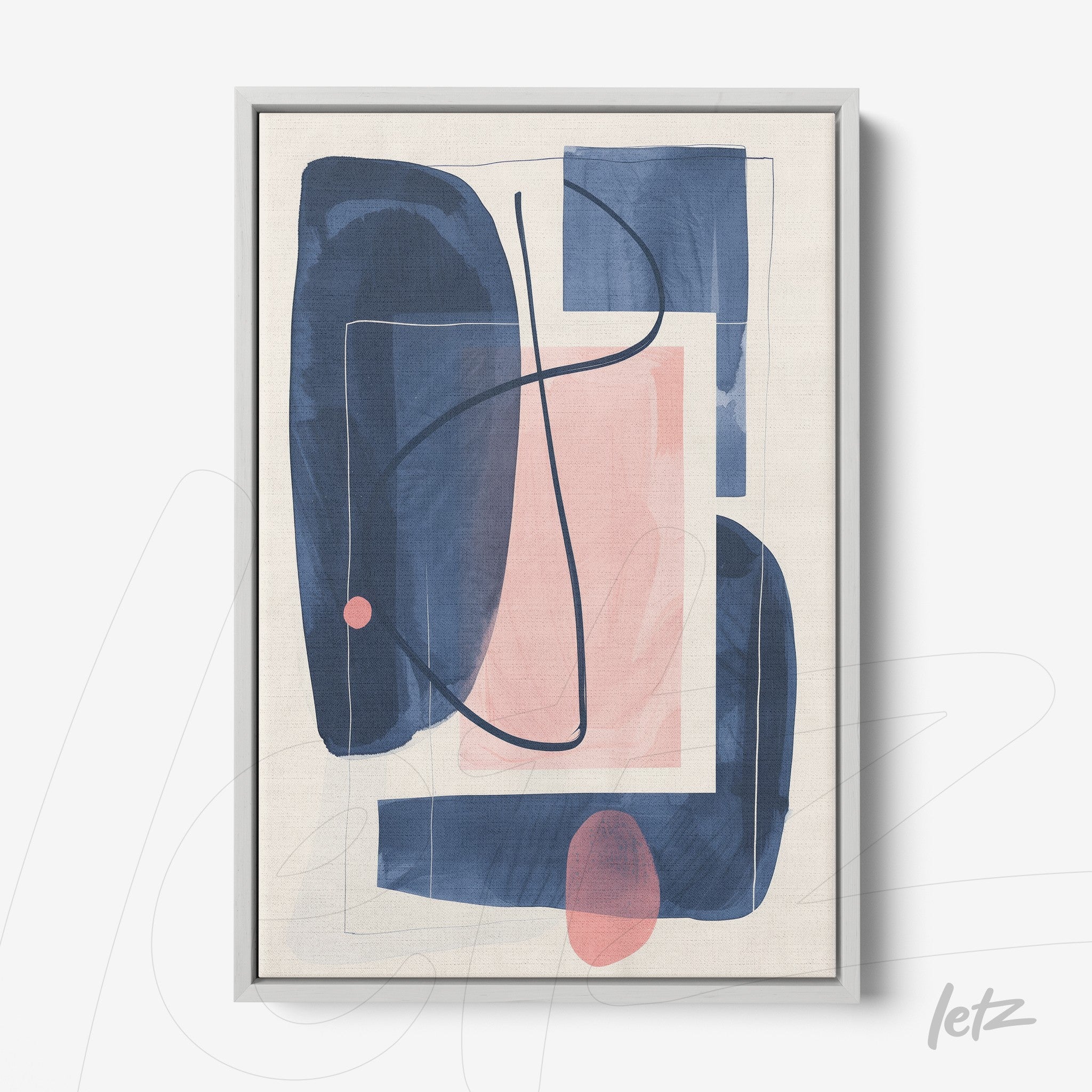 framed abstract art piece in shades of blue and pink with silver frame and light background