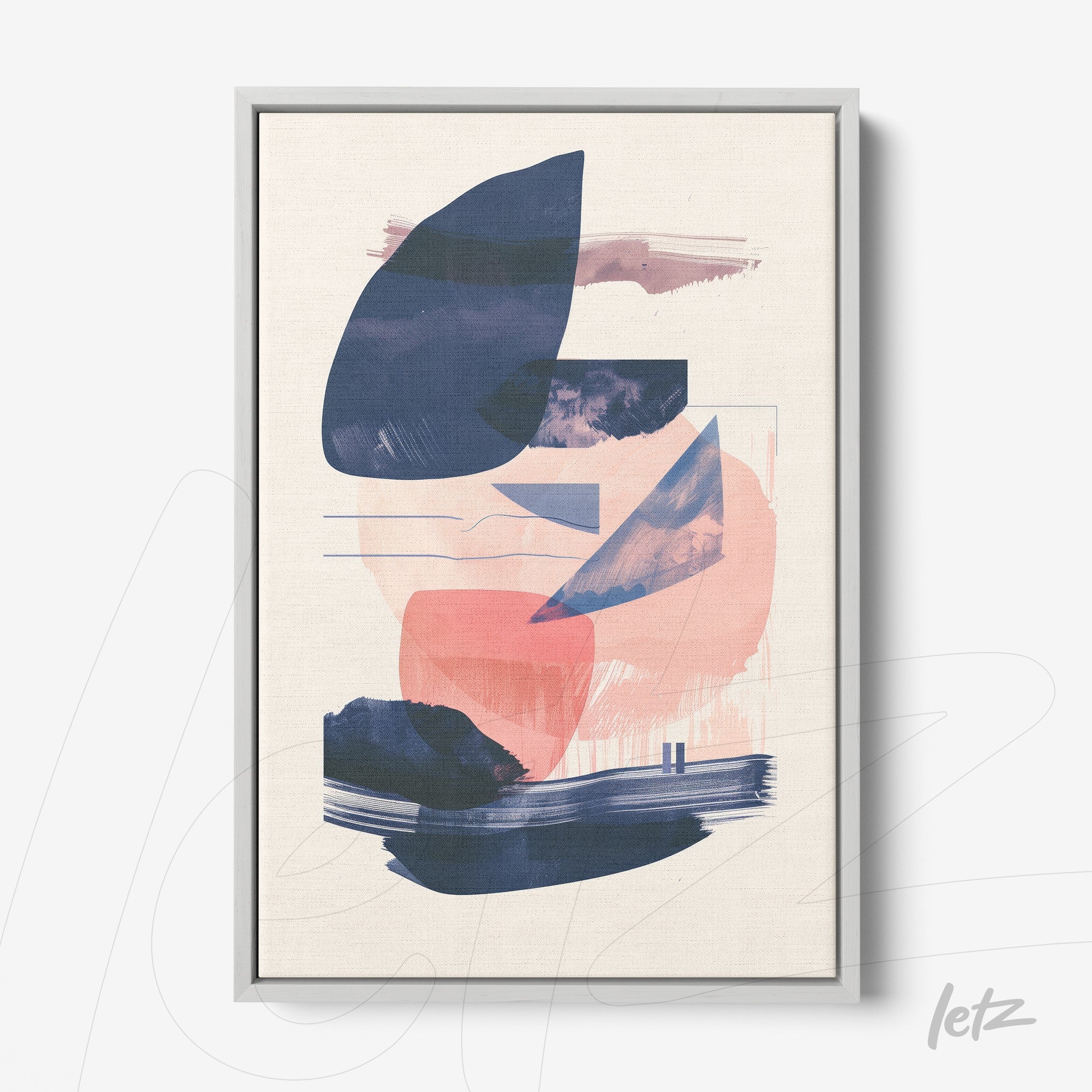 abstract wall art in shades of pink and blue with light silver frame