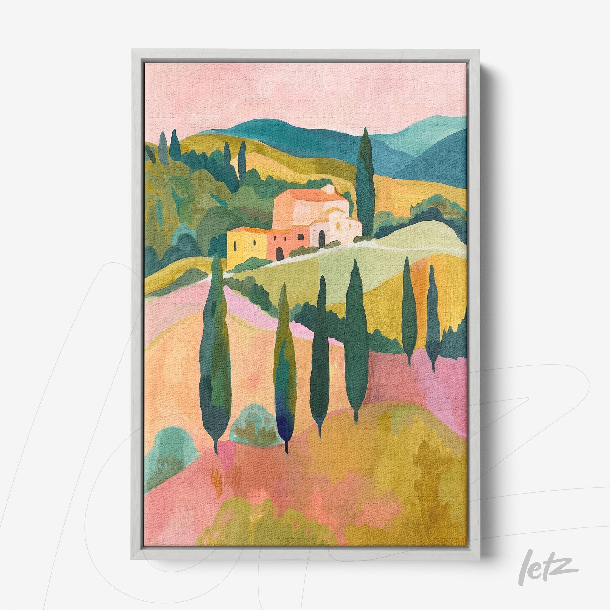 framed wall art featuring a pastel landscape of rolling hills and cypress trees