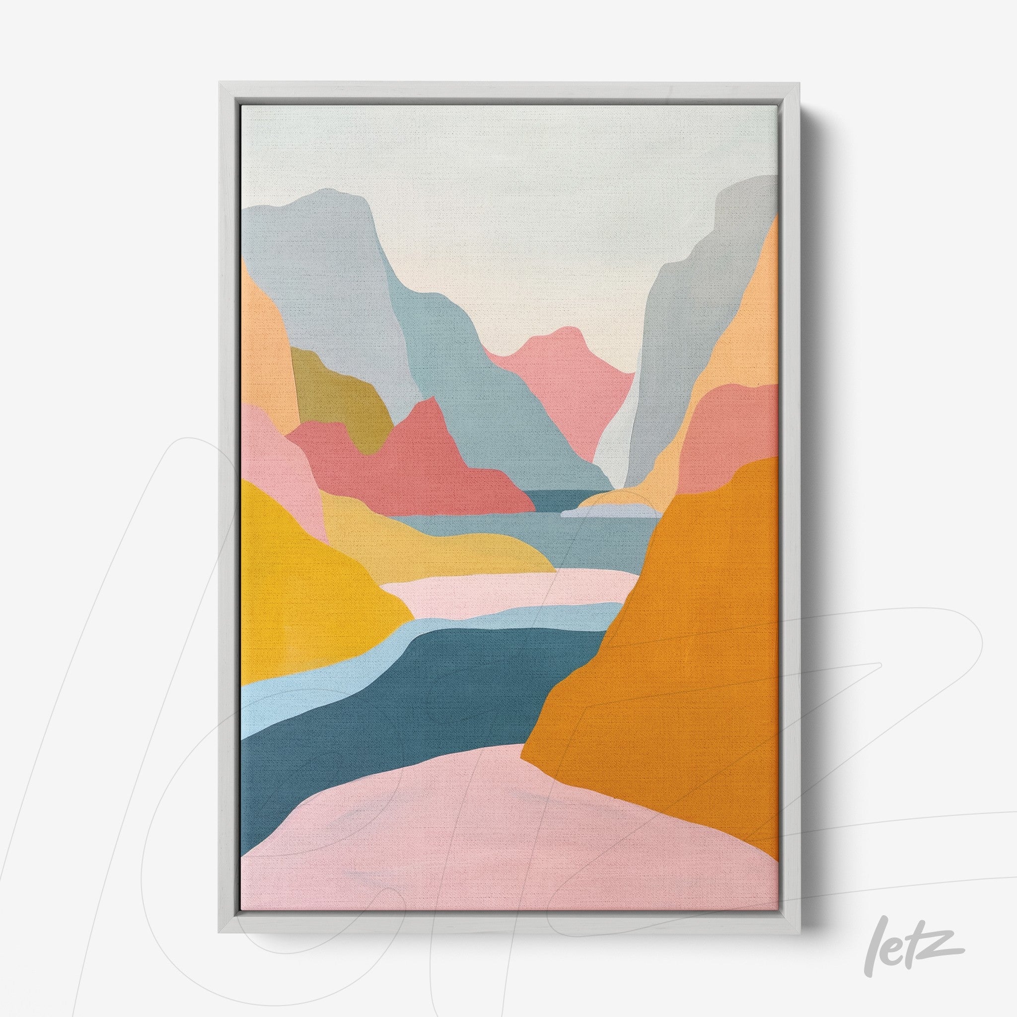 framed artwork featuring abstract colorful mountains in light gray frame