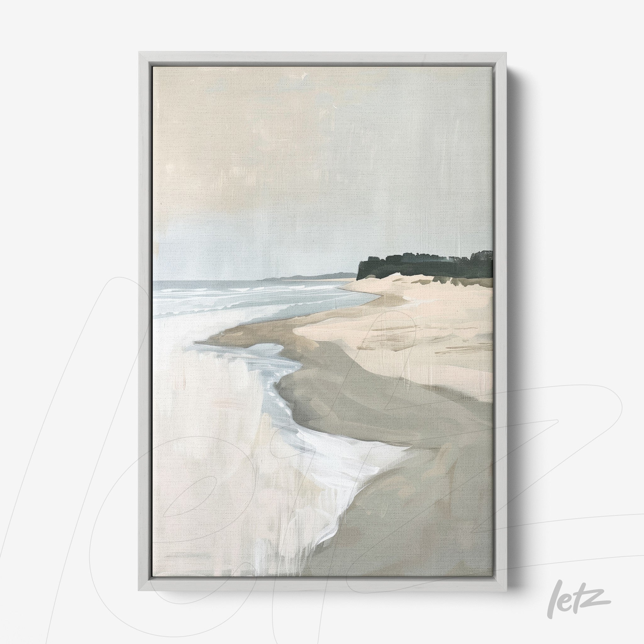 framed artwork depicting a beach landscape with soft waves and sandy shore in white frame