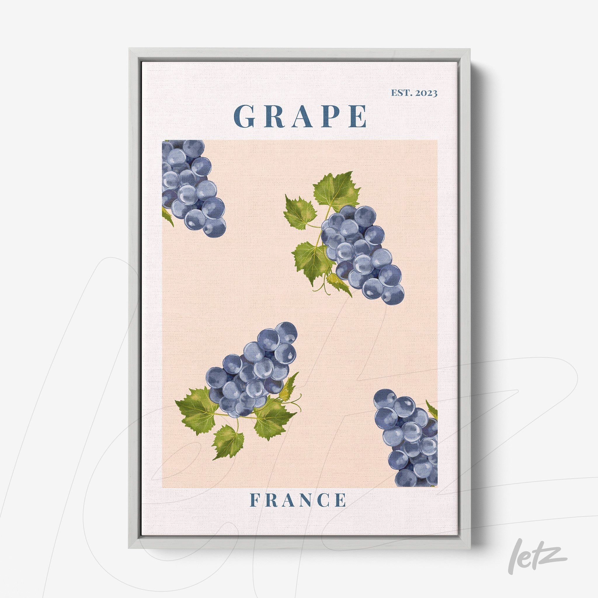 framed wall art featuring blue grapes illustration on light pink background with silver frame