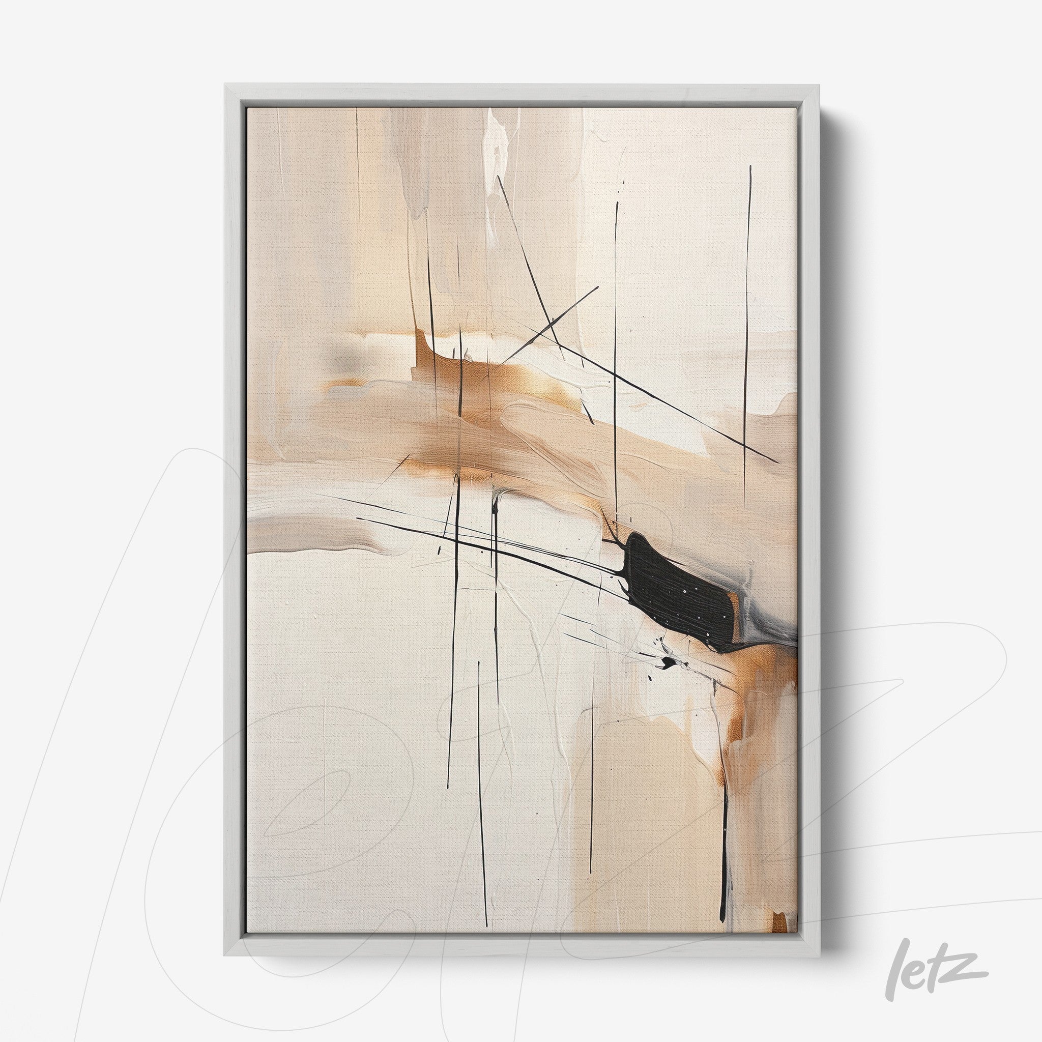 abstract wall art featuring lines in shades of beige and black in a silver frame