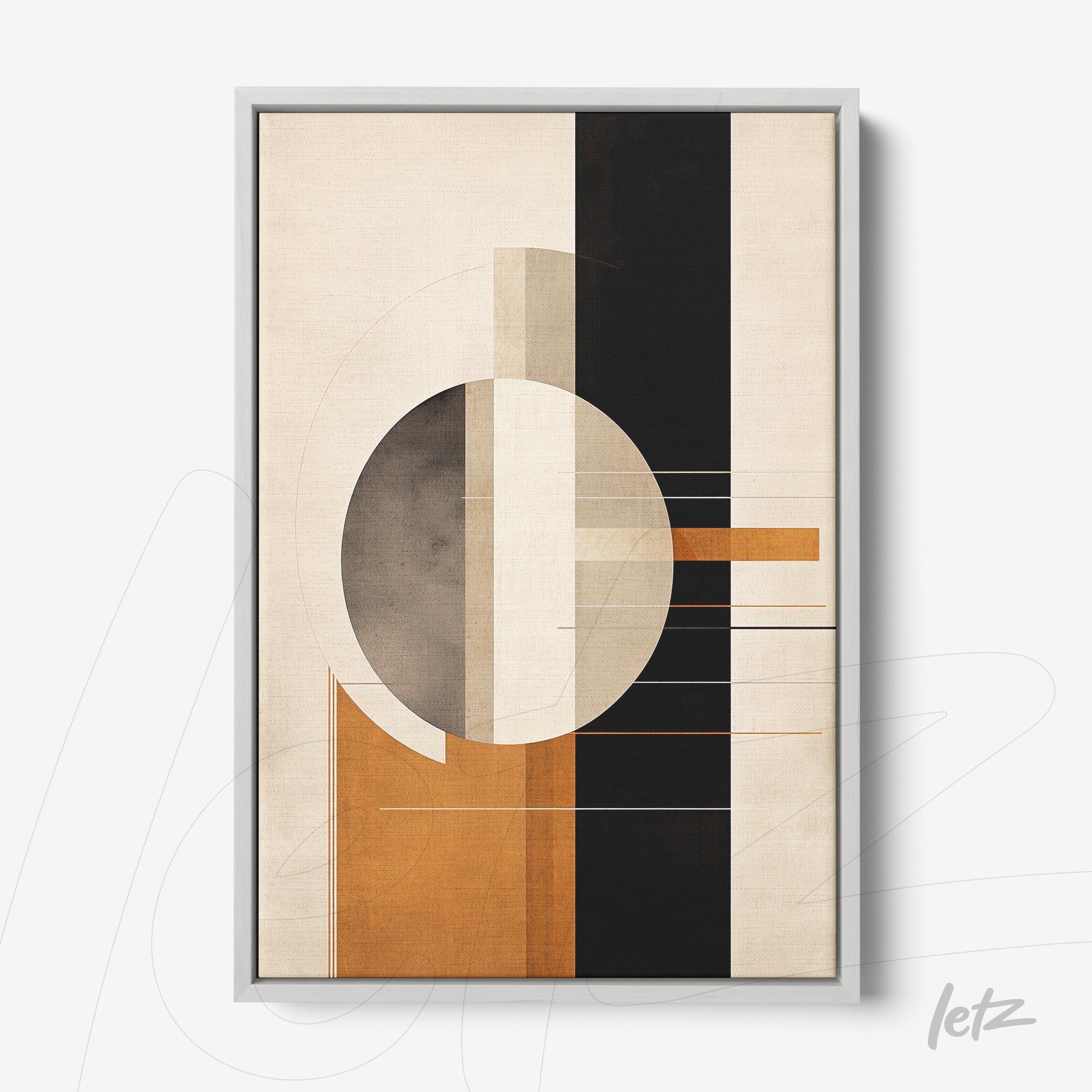 framed abstract art piece featuring earthy tones and geometric shapes with a white frame