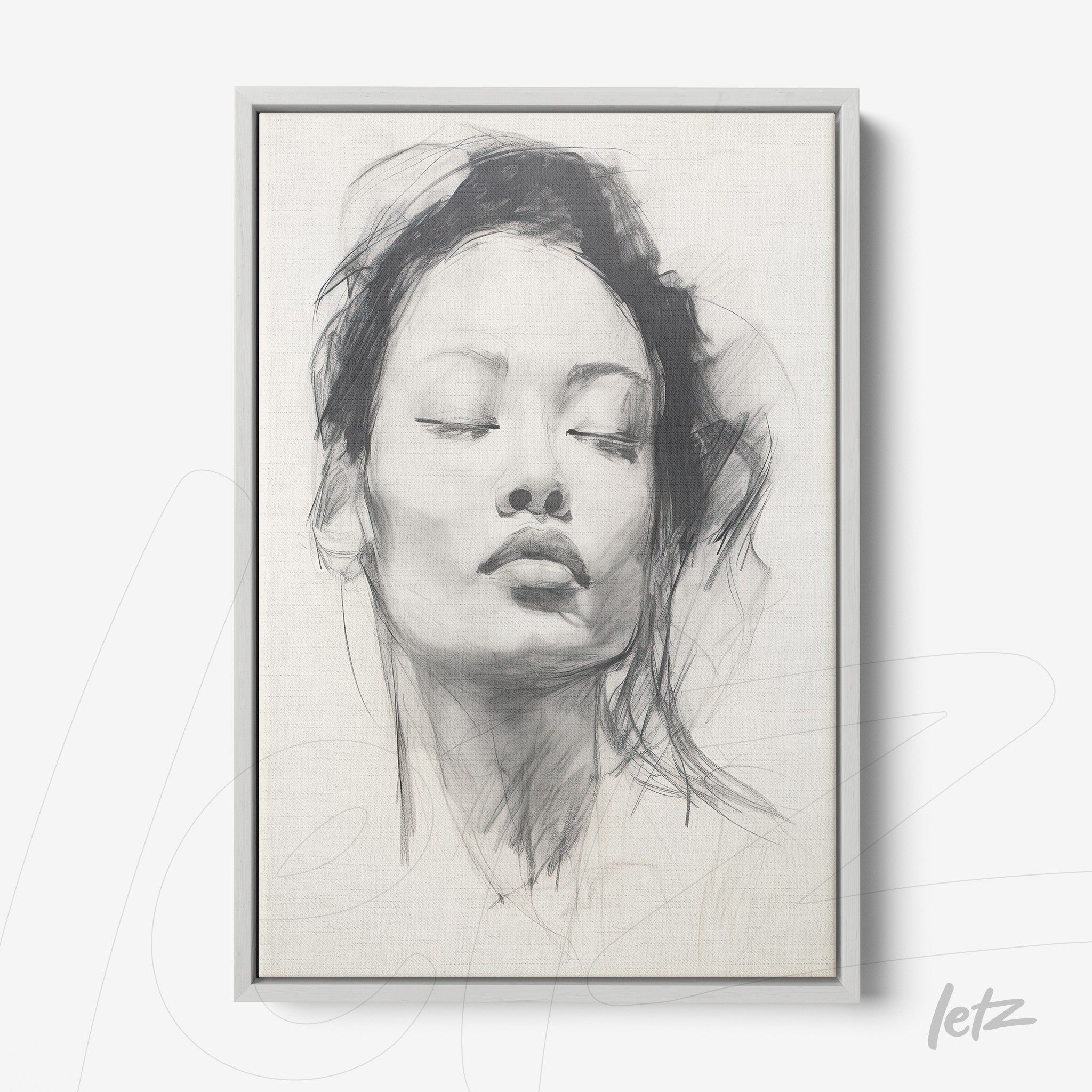 framed portrait of a woman with a serene expression in light gray frame