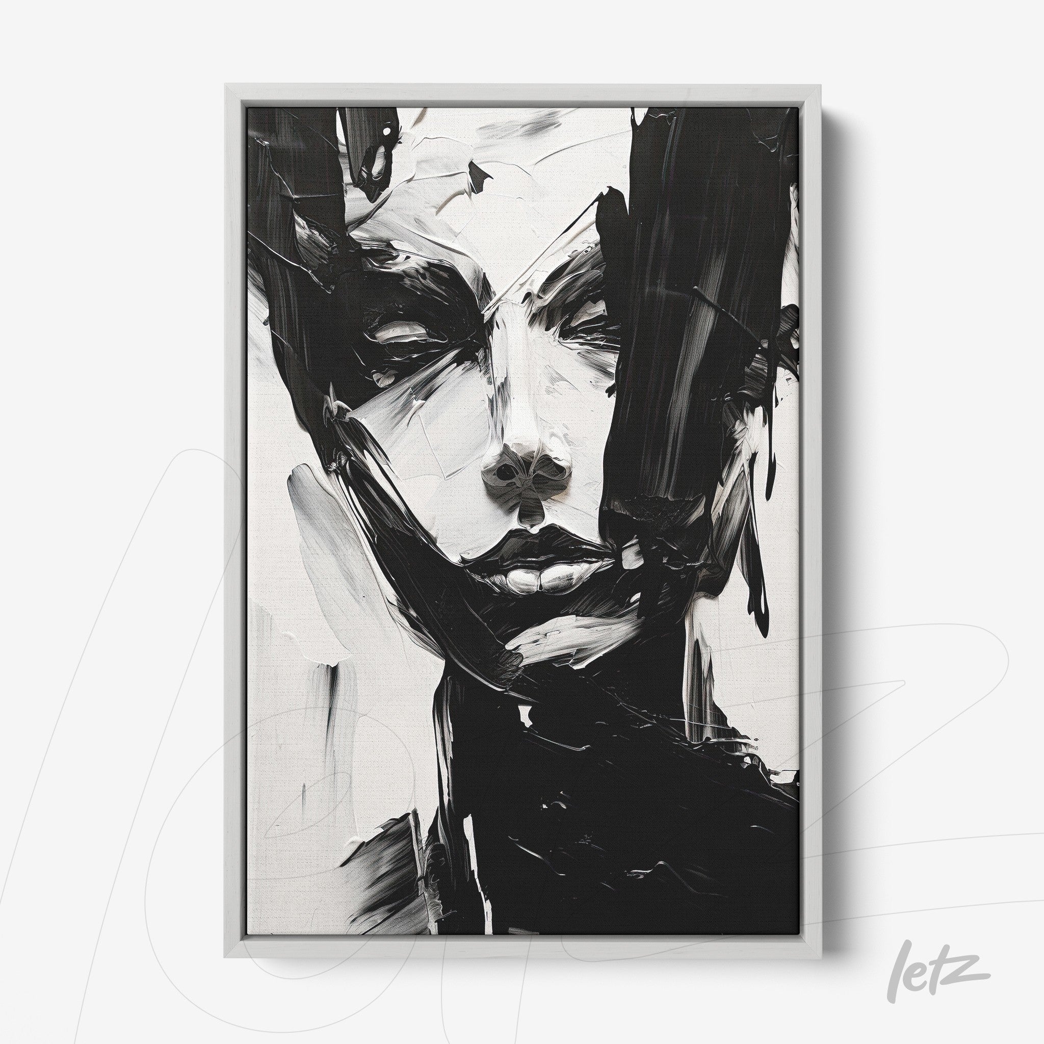 abstract portrait in black and white framed art in white frame