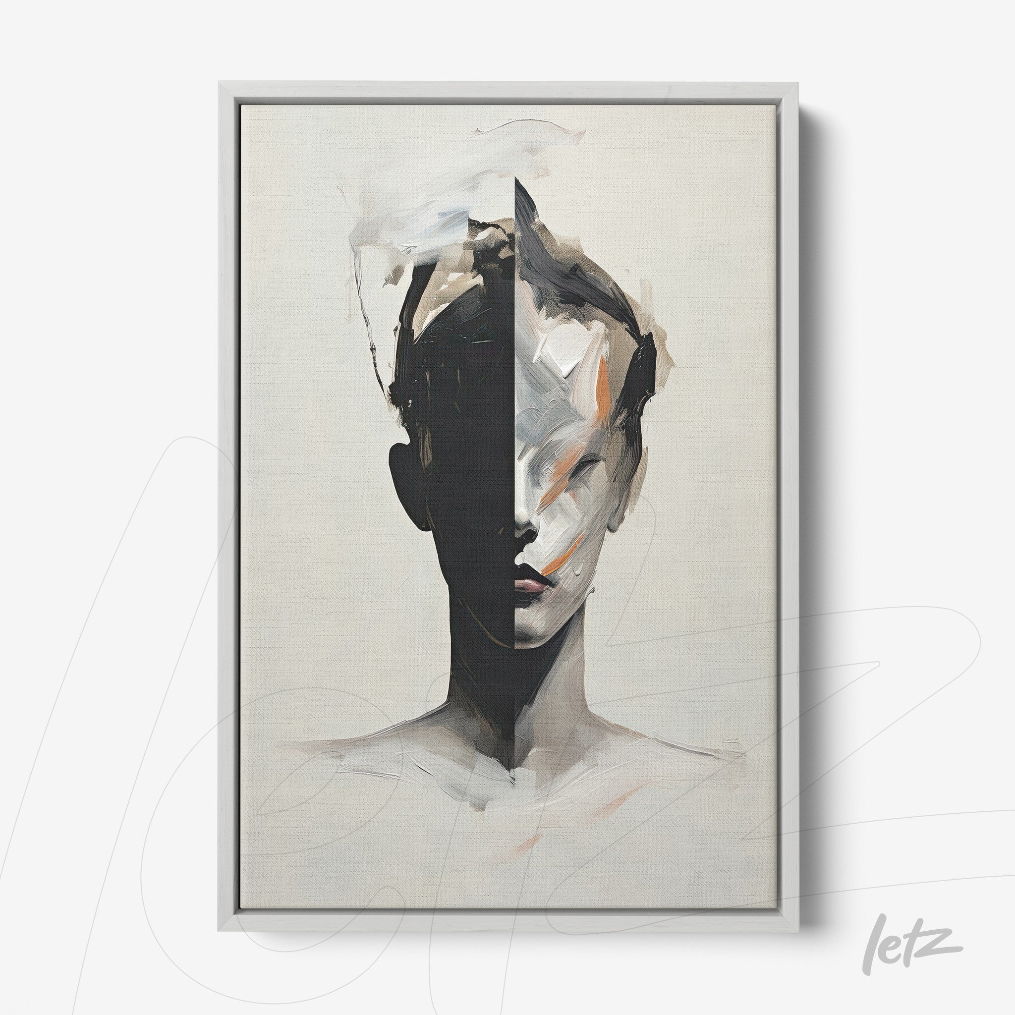 framed artwork of an abstract portrait featuring a divided face in neutral tones with a silver frame