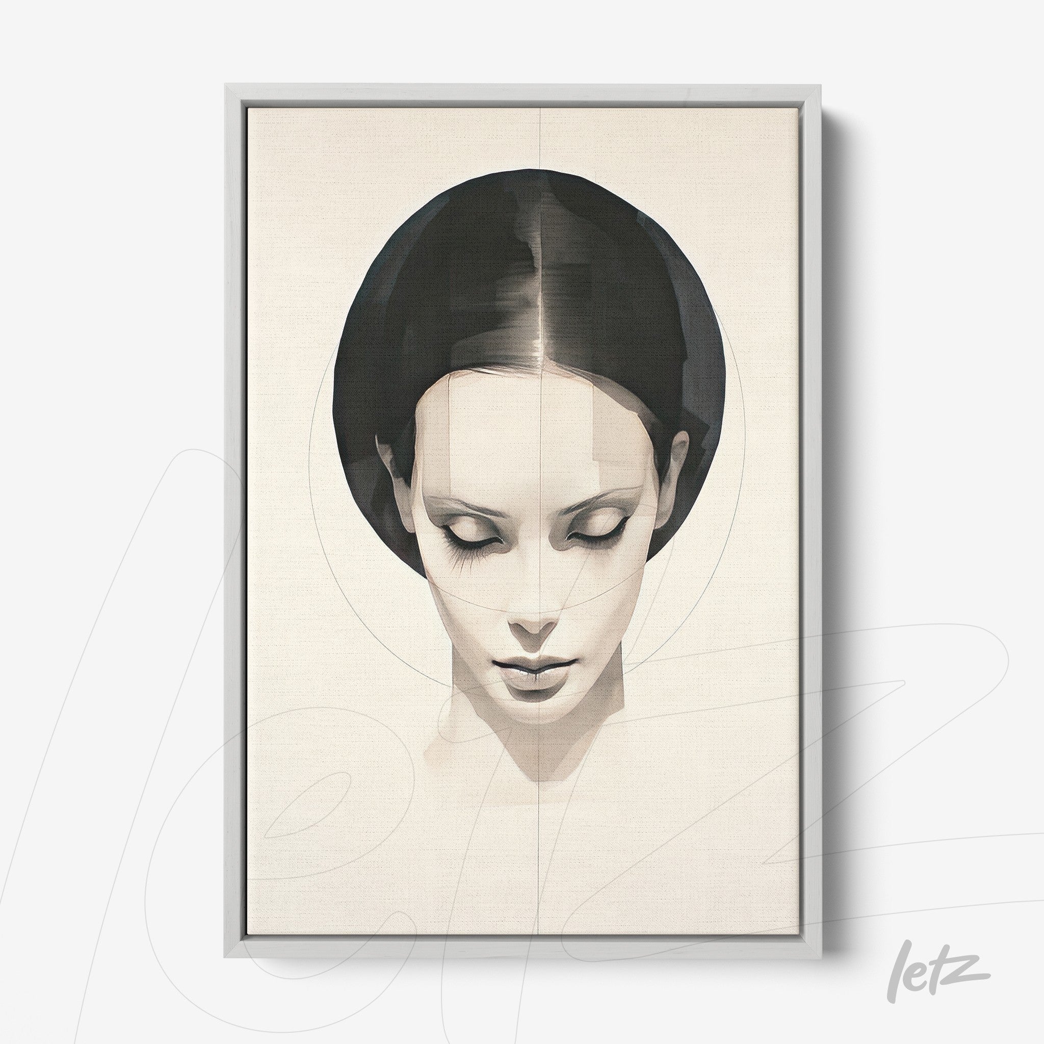 framed artwork featuring a minimalist illustration of a woman with a bun in a light gray frame