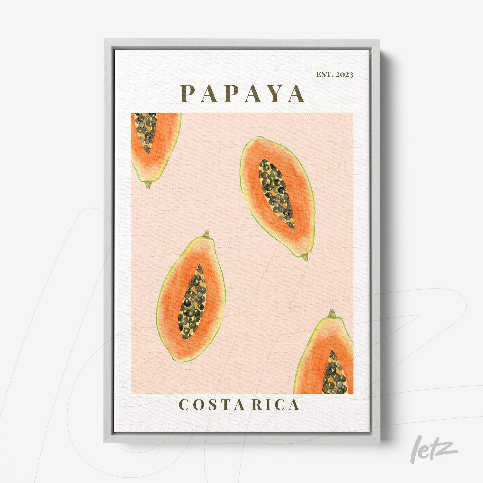framed artwork featuring illustrations of papaya slices on pink background