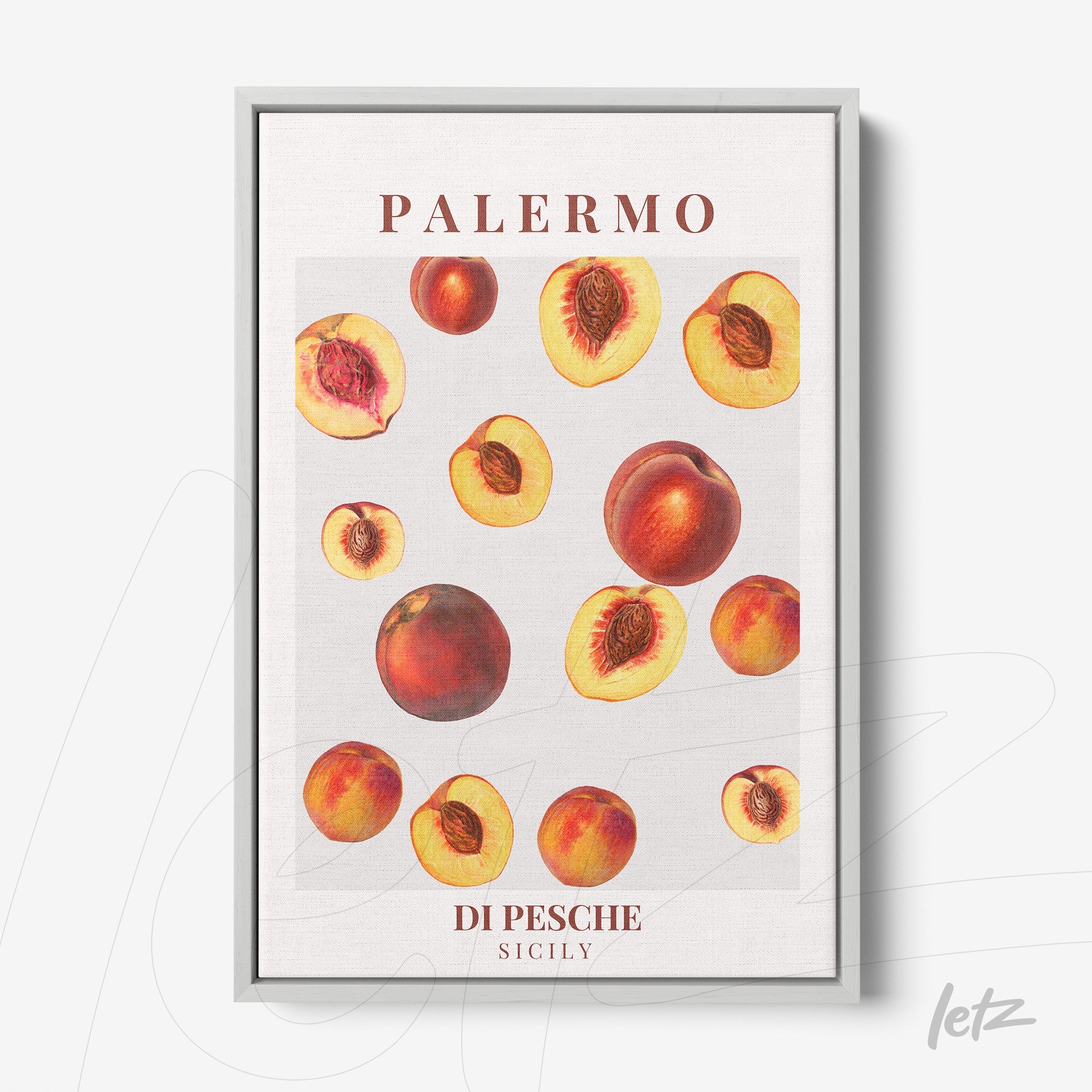 framed vintage style illustration of peaches on a light background with silver frame