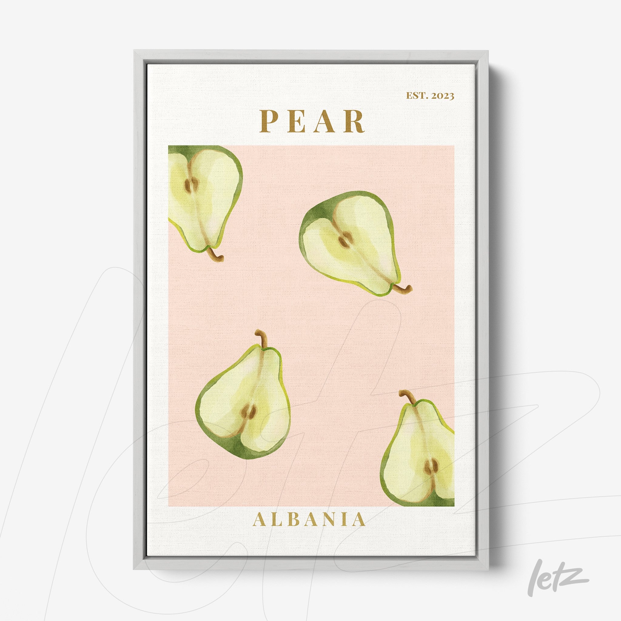framed wall art featuring pear illustrations on a pink background with 'PEAR' and 'ALBANIA' text