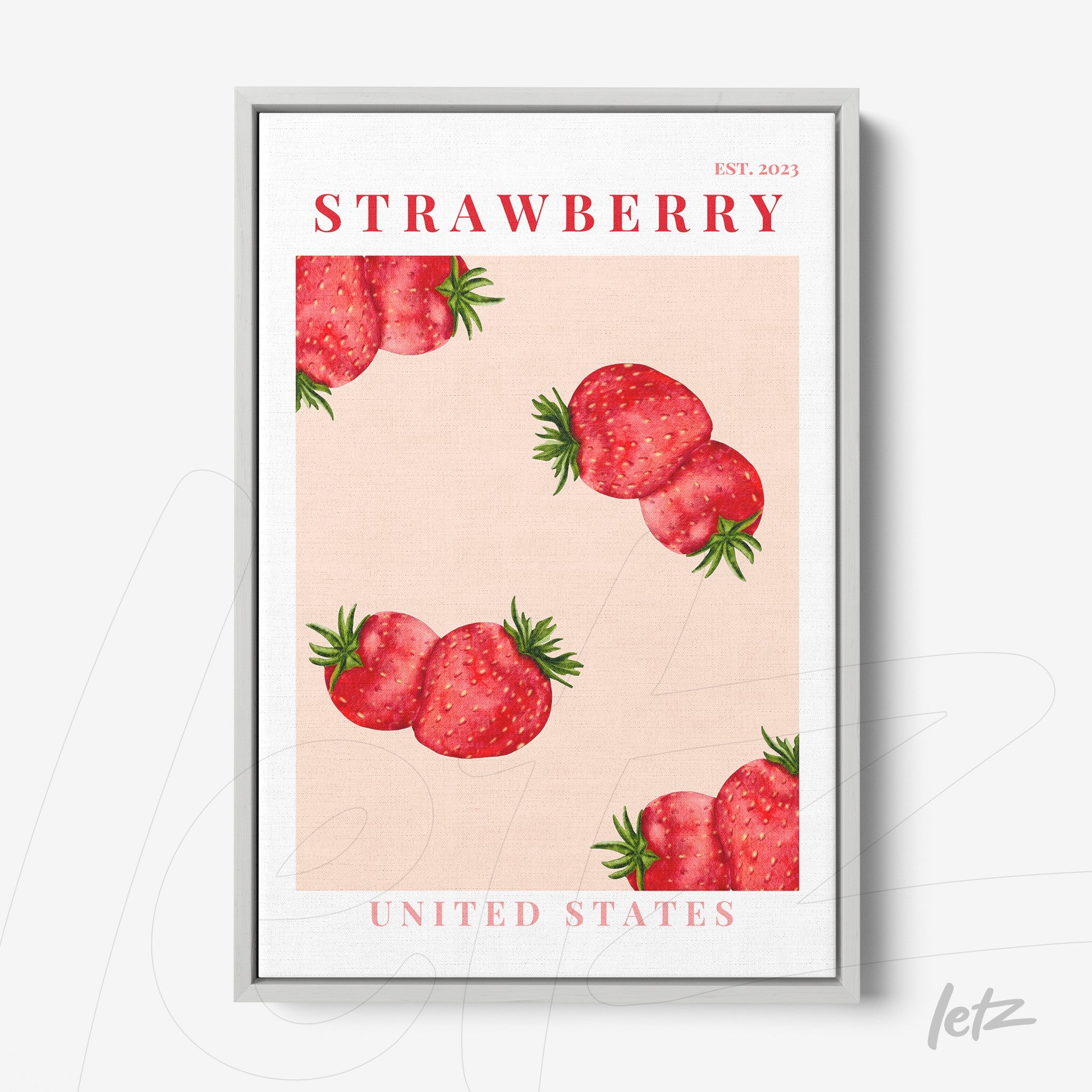 framed art print featuring illustrations of strawberries on a light pink background with a silver frame