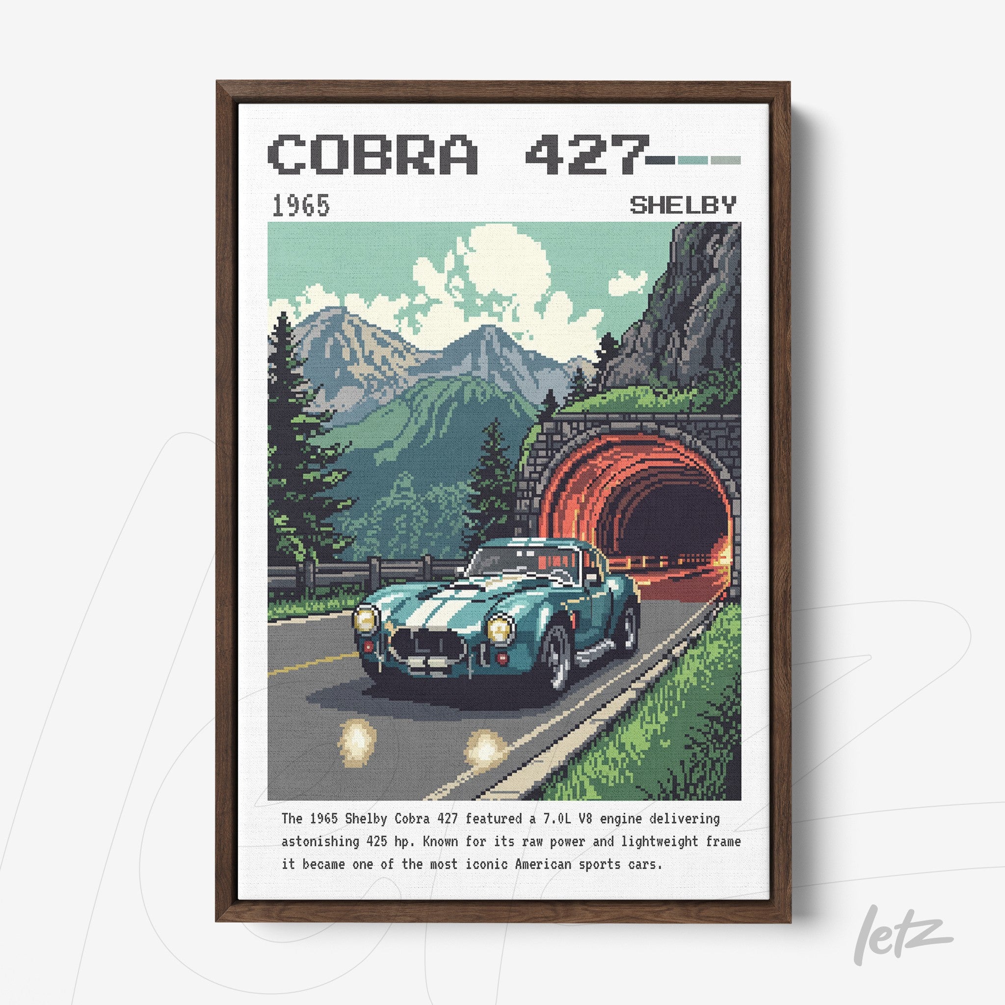 framed retro artwork of a Cobra 427 car on a mountain road with a tunnel