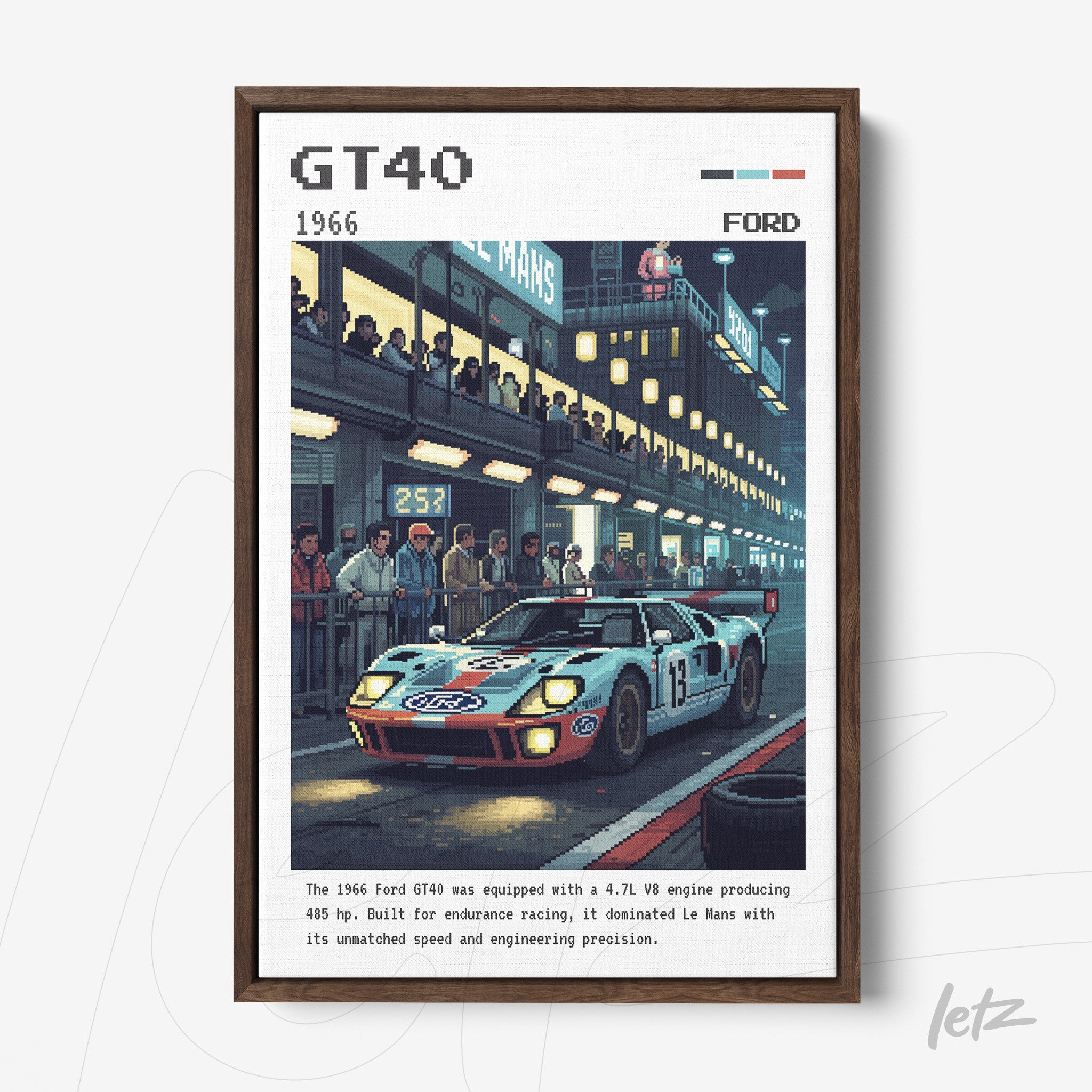 retro style digital art of a Ford GT40 racing car on Le Mans track with dark wood frame