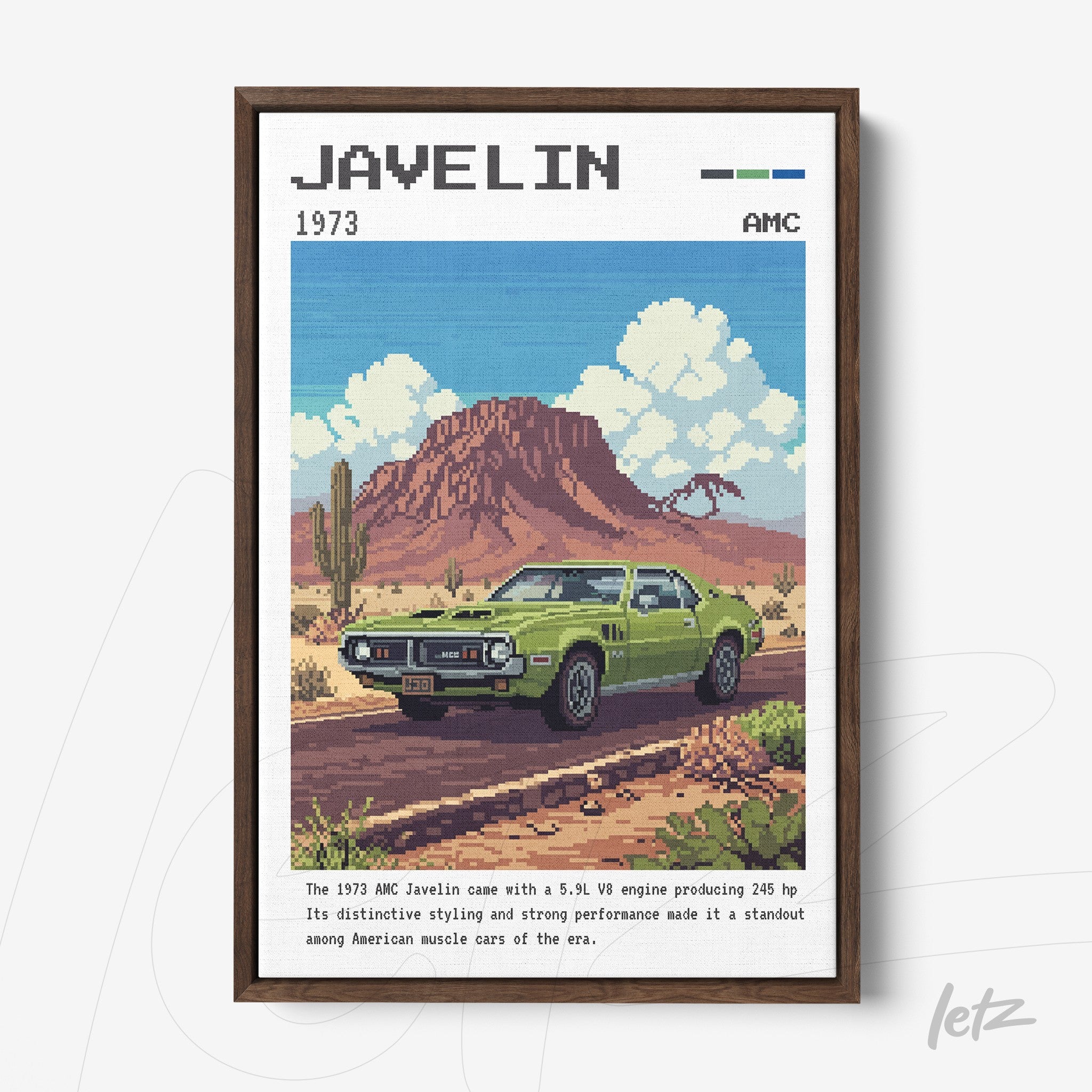 retro style framed art of 1973 AMC Javelin car with dark wood frame
