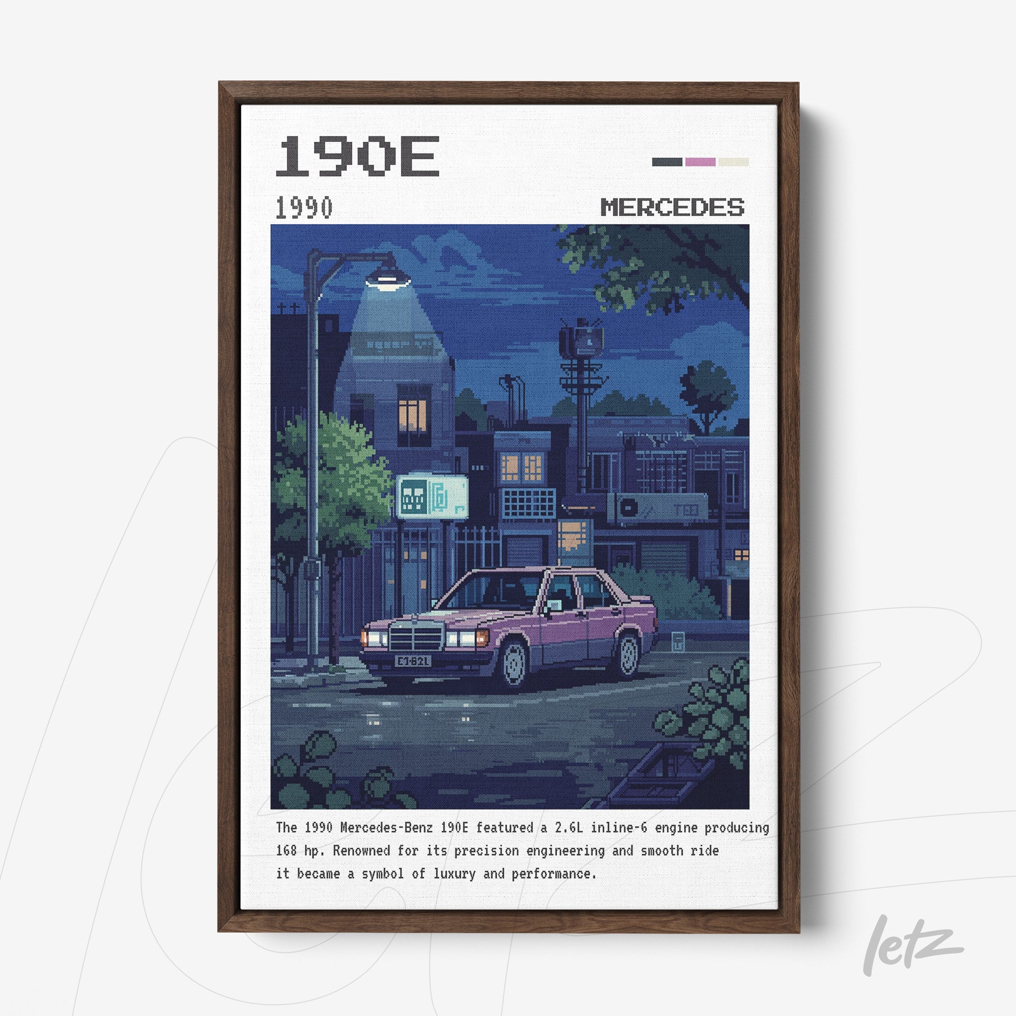 pixel art framed wall decor of a Mercedes-Benz 190E in a nighttime urban setting with dark wood frame