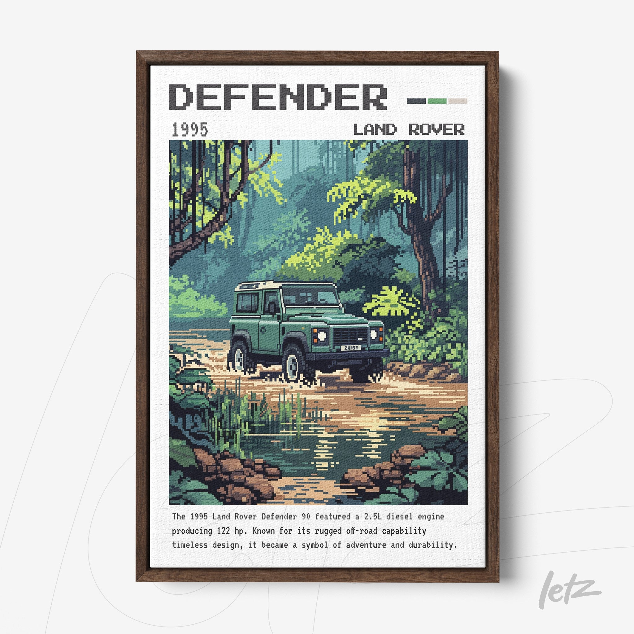 framed pixel art of a 1995 Land Rover Defender amidst greenery and water