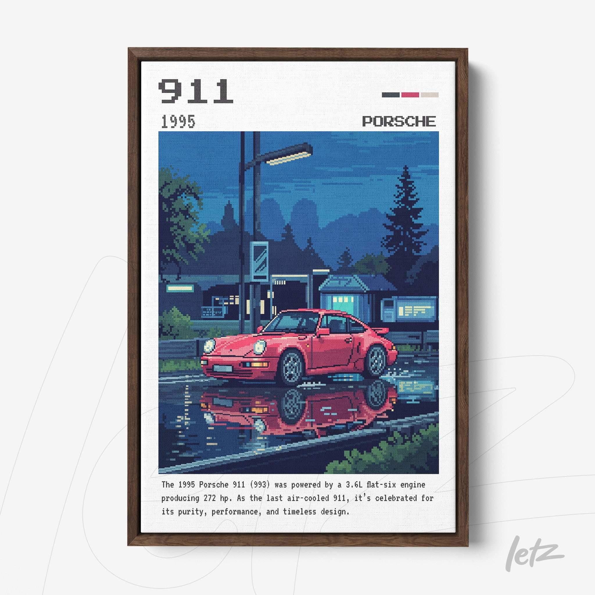 vintage style framed art of a 1995 Porsche 911 with dark wood frame reflecting in water