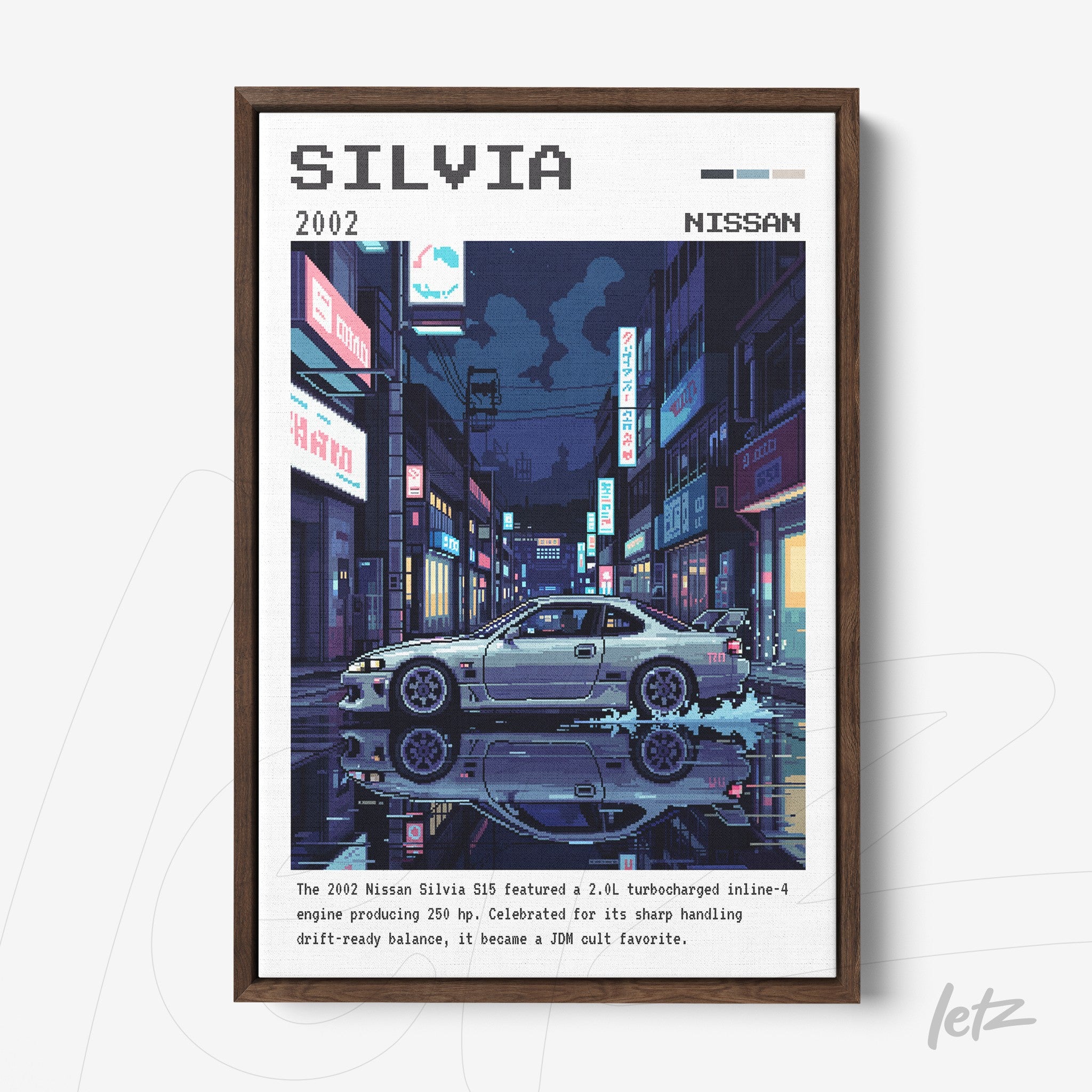 digital artwork of a Nissan Silvia 2002 in pixel art style with dark brown frame