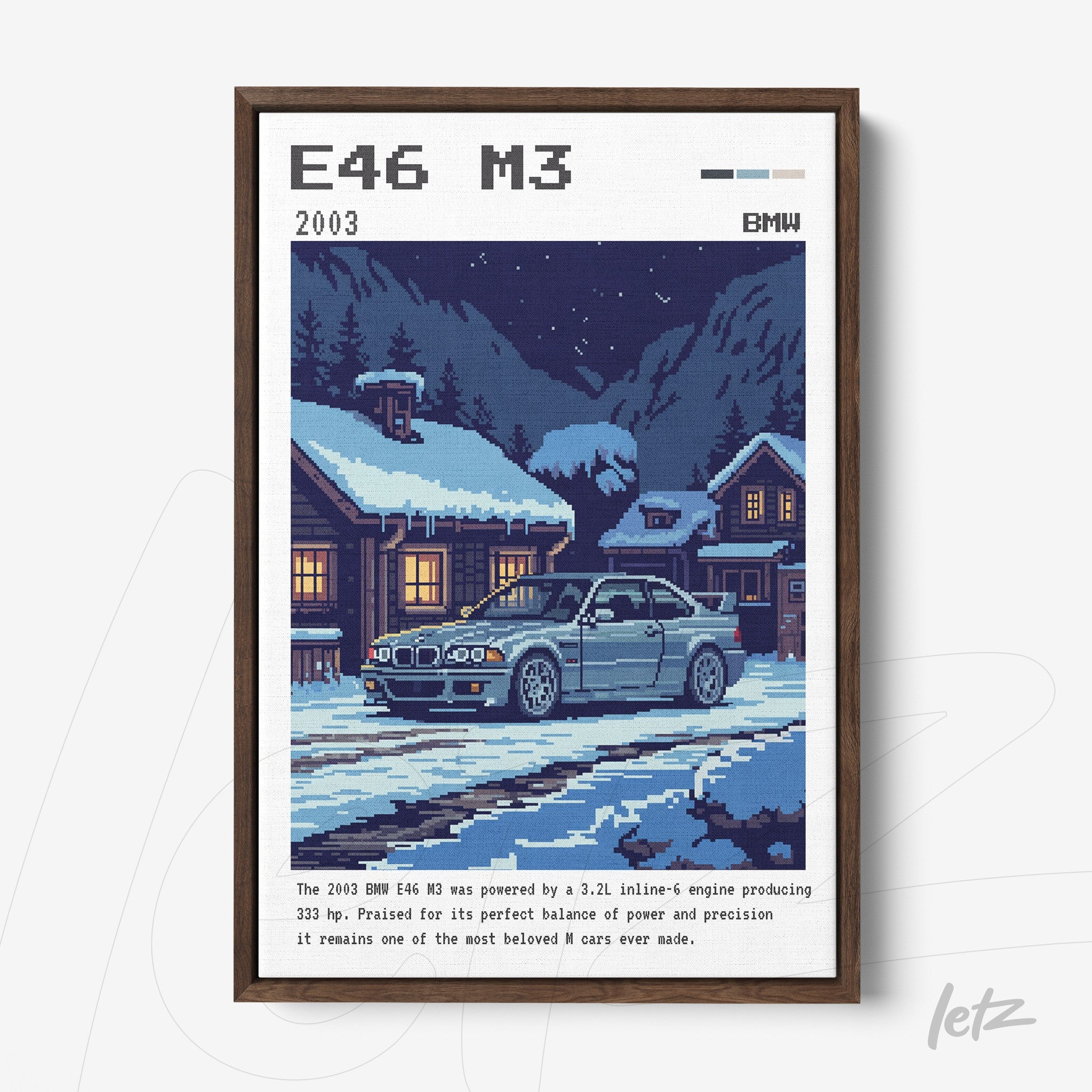 pixel art framed print of a BMW E46 M3 in a snowy setting with wooden houses in the background