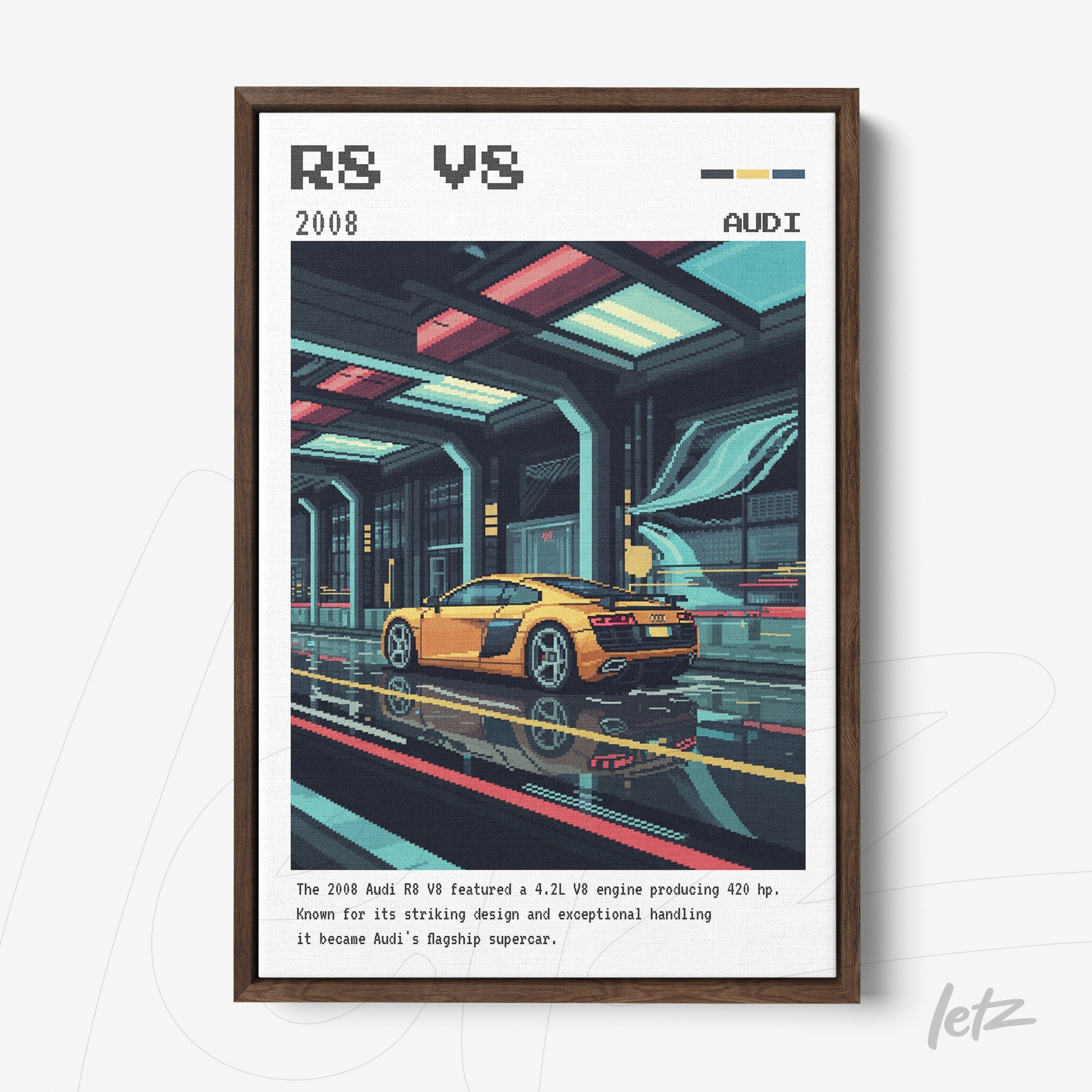 pixel art of a yellow audi r8 v8 in a futuristic setting, featuring a dark frame