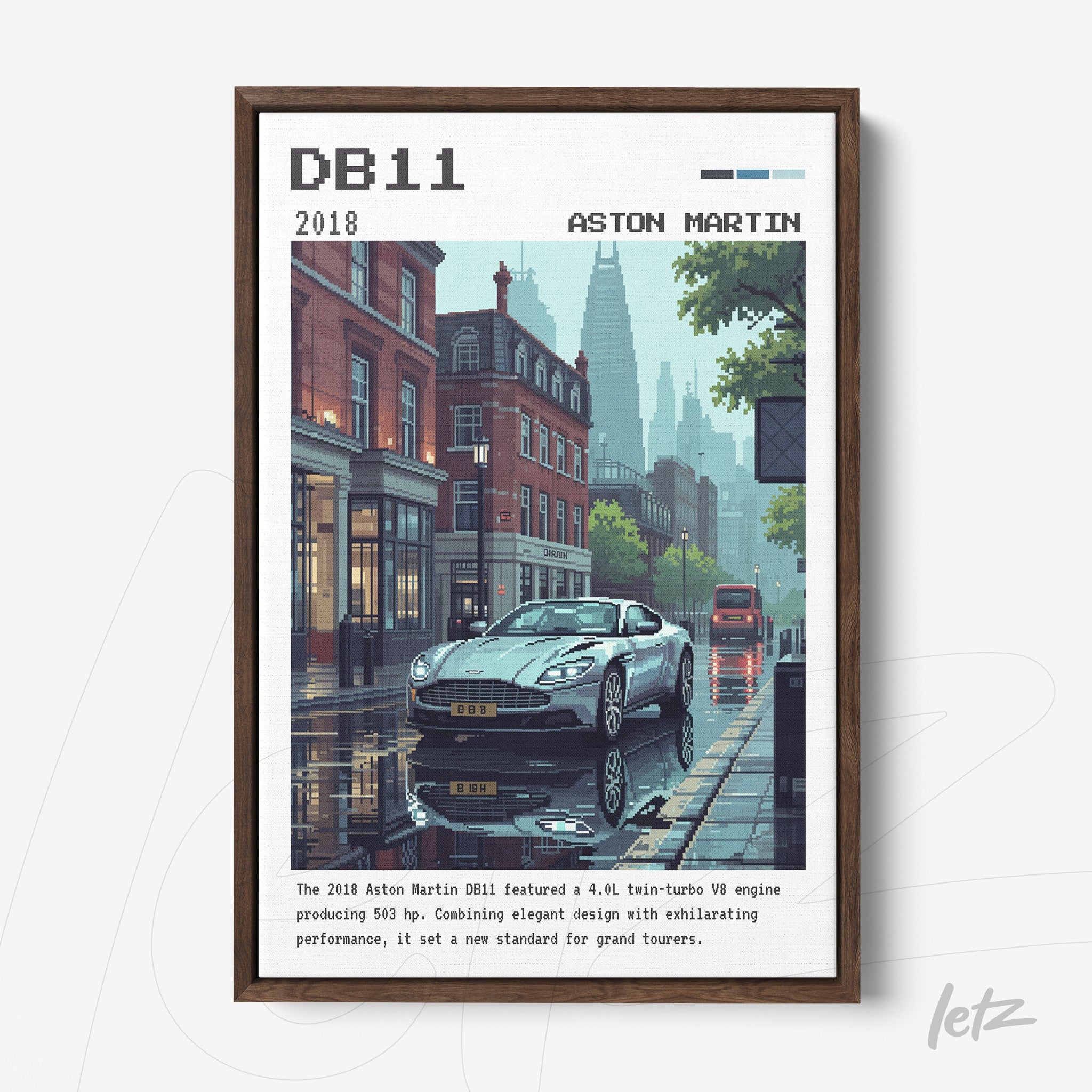 pixel art of aston martin db11 in an urban street scene with fog details and reflections on the pavement