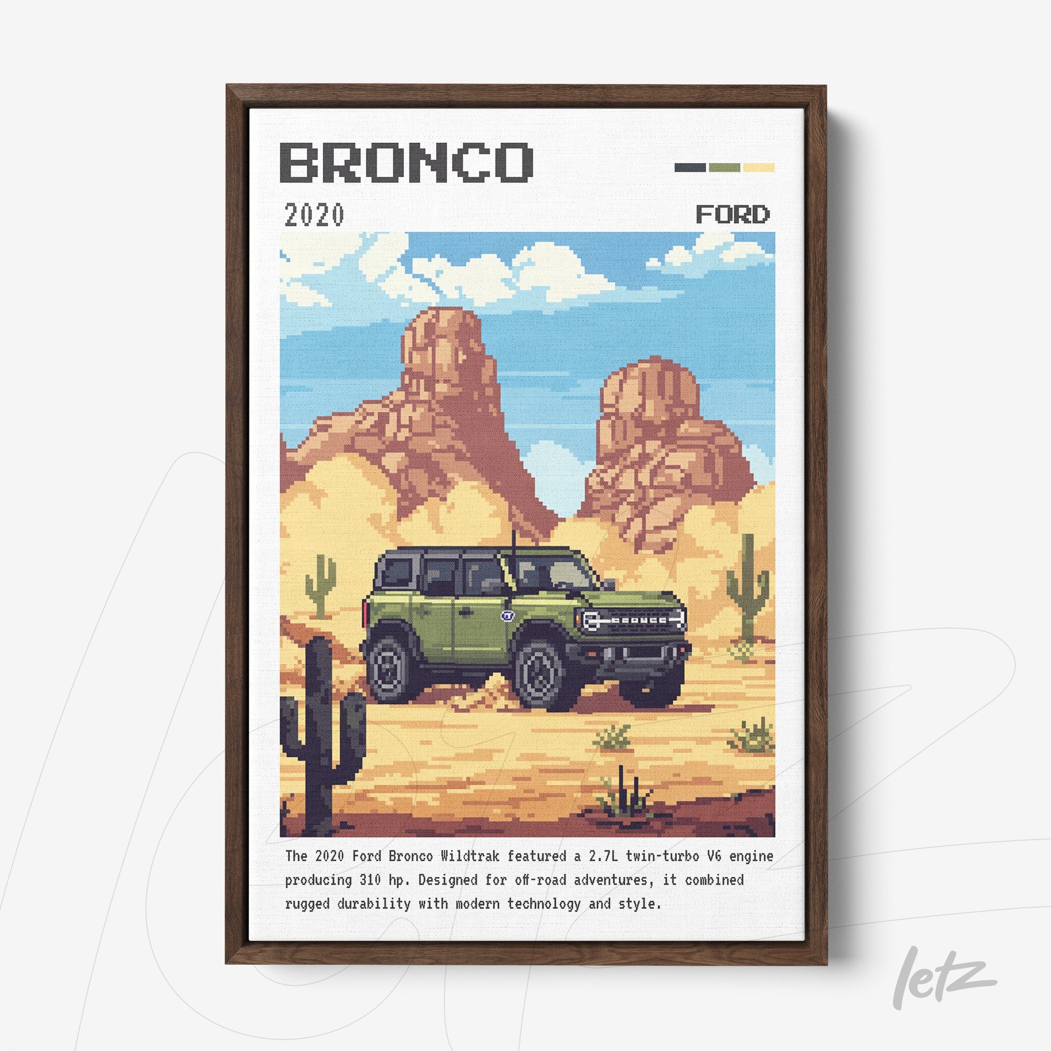 pixel art framed illustration of the 2020 Ford Bronco parked in a desert setting with cacti and mountains in the background, dark brown frame