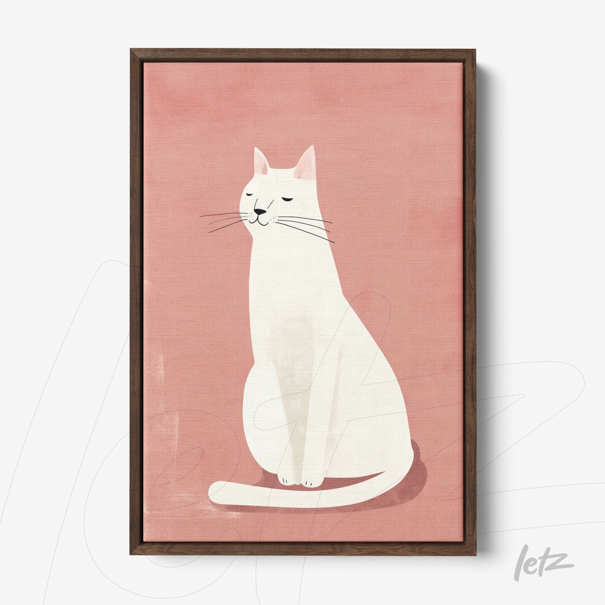 framed wall art featuring a white cat against a pink background with a dark wood frame