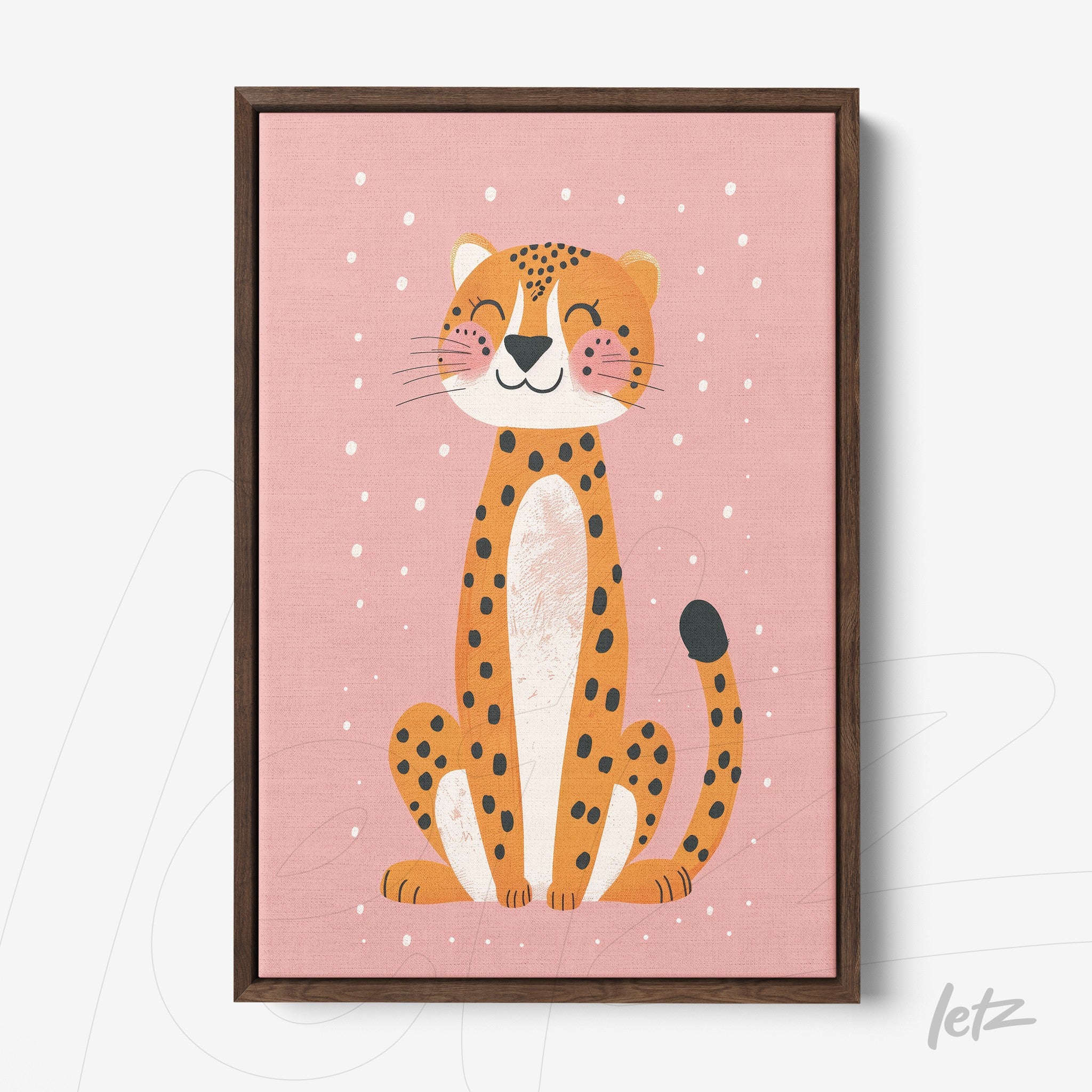 framed wall art of a smiling leopard on pink background with dark wood frame