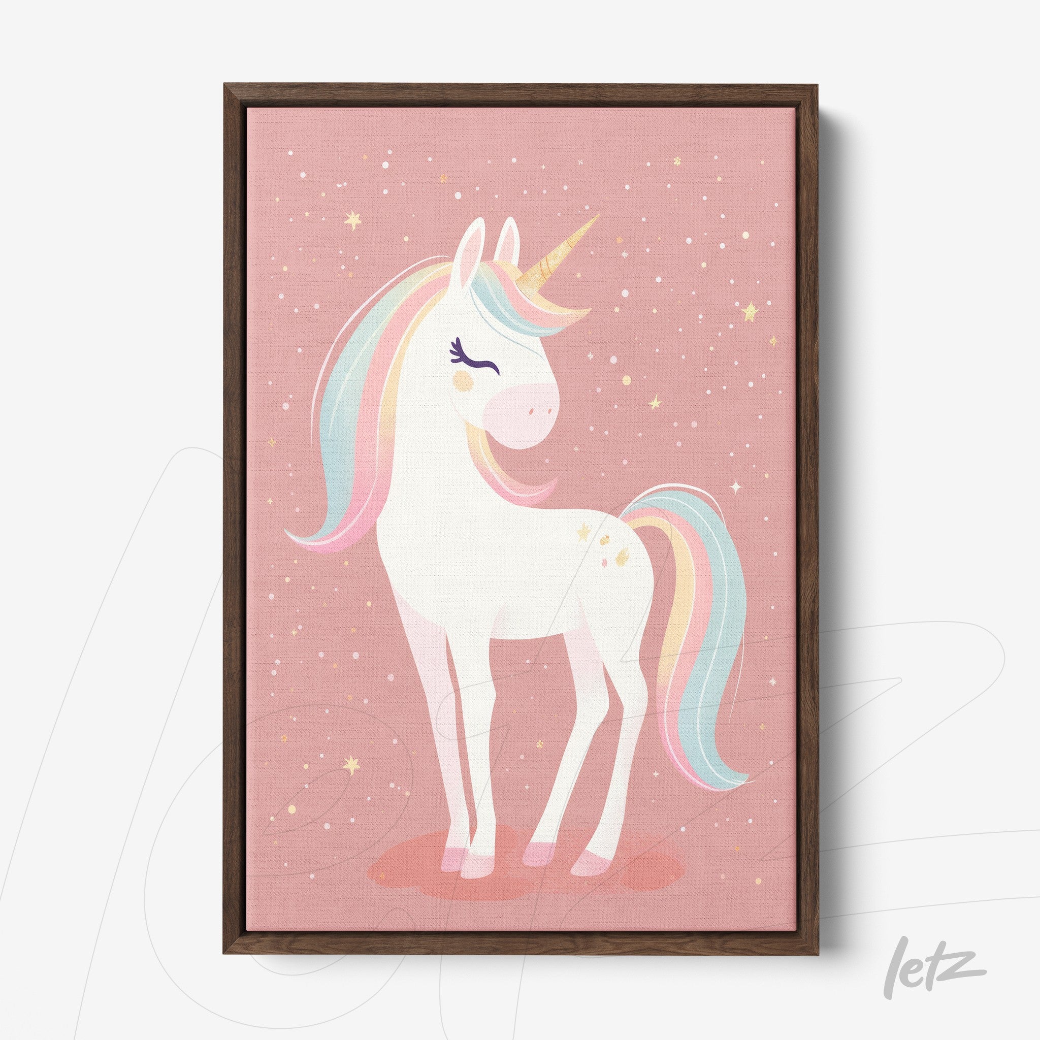 framed art piece of a unicorn on pink background with golden details and dark brown frame